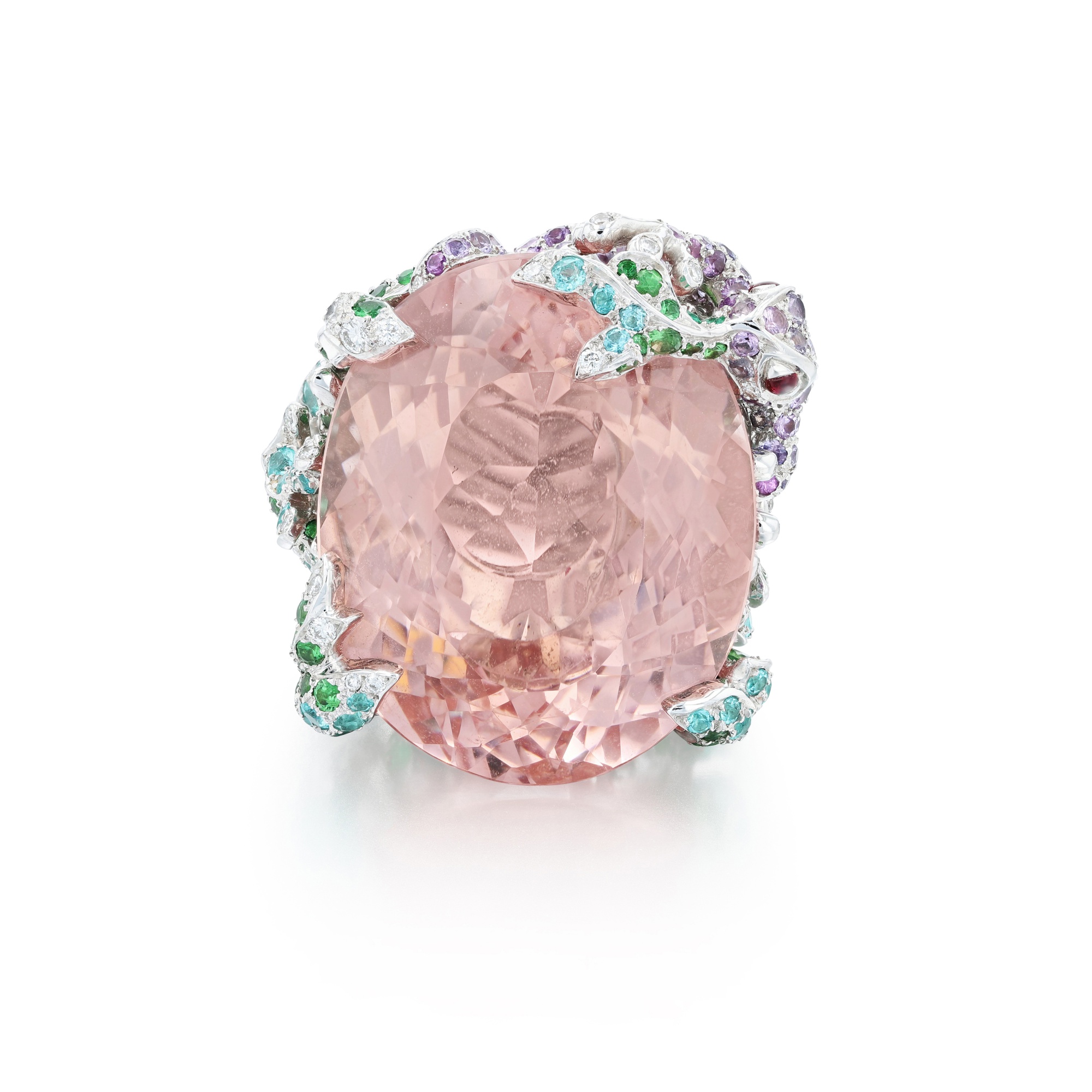 Bague En Argent Avec Pierres Multicolores : Rubis, Morganite, Péridot - Neuf Sans Emballage