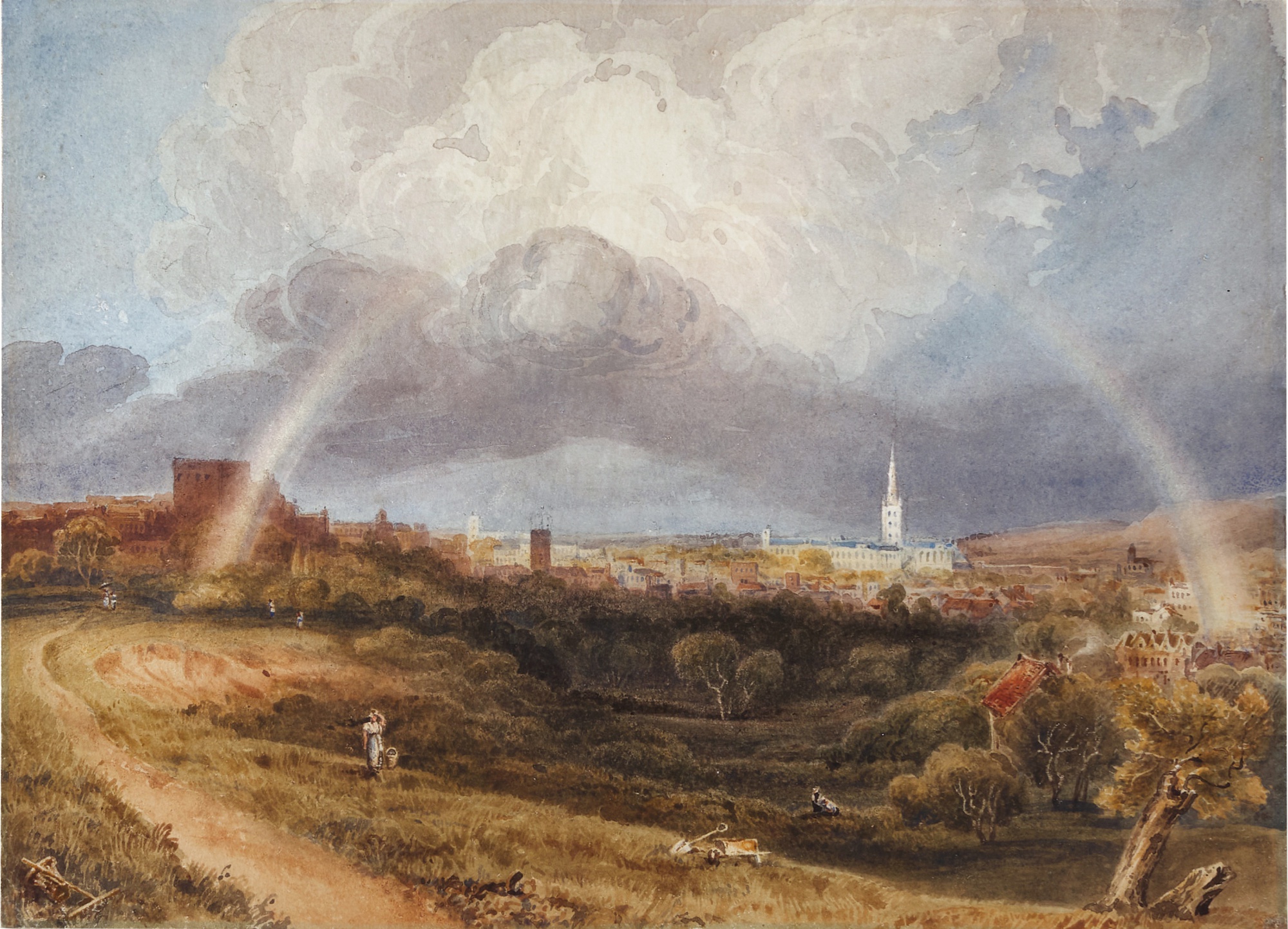 The city of Norwich from the south, with a rainbow above Old Master