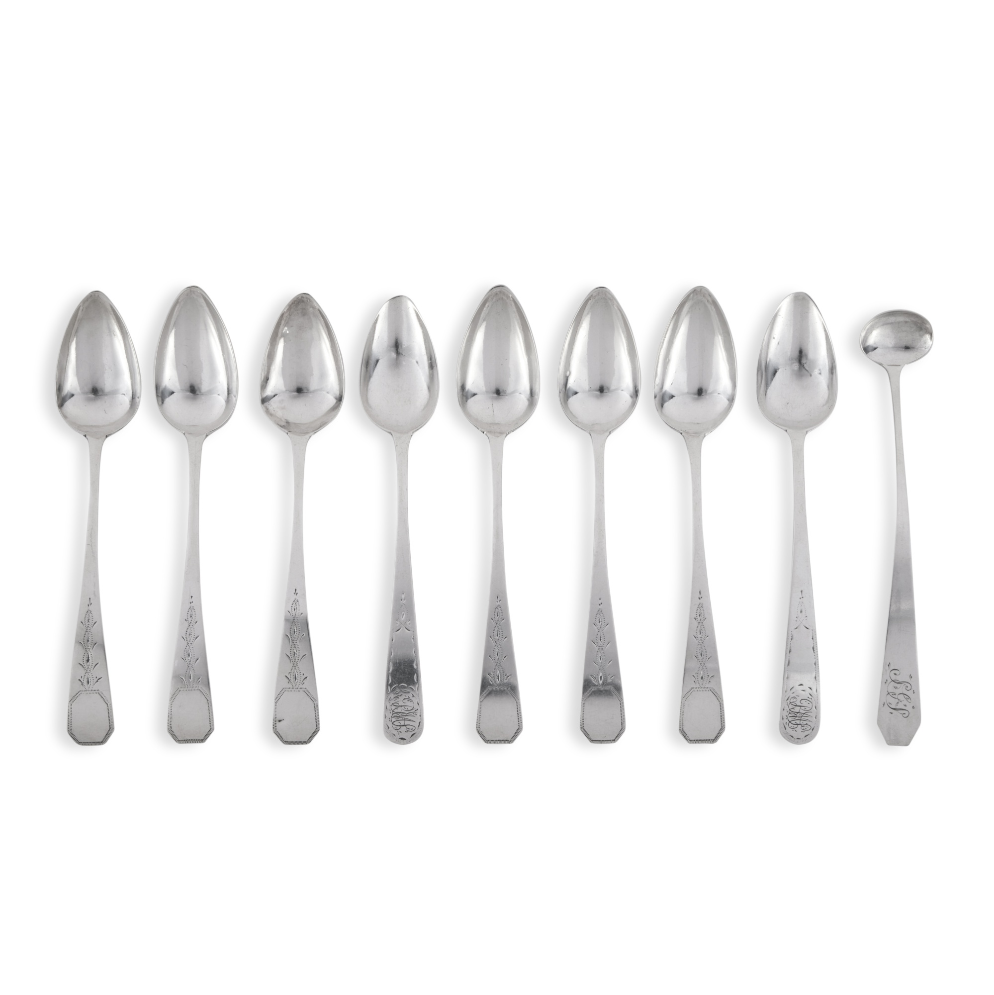 Eight American Silver Teaspoons and a Condiment Spoon, John A. Shaw