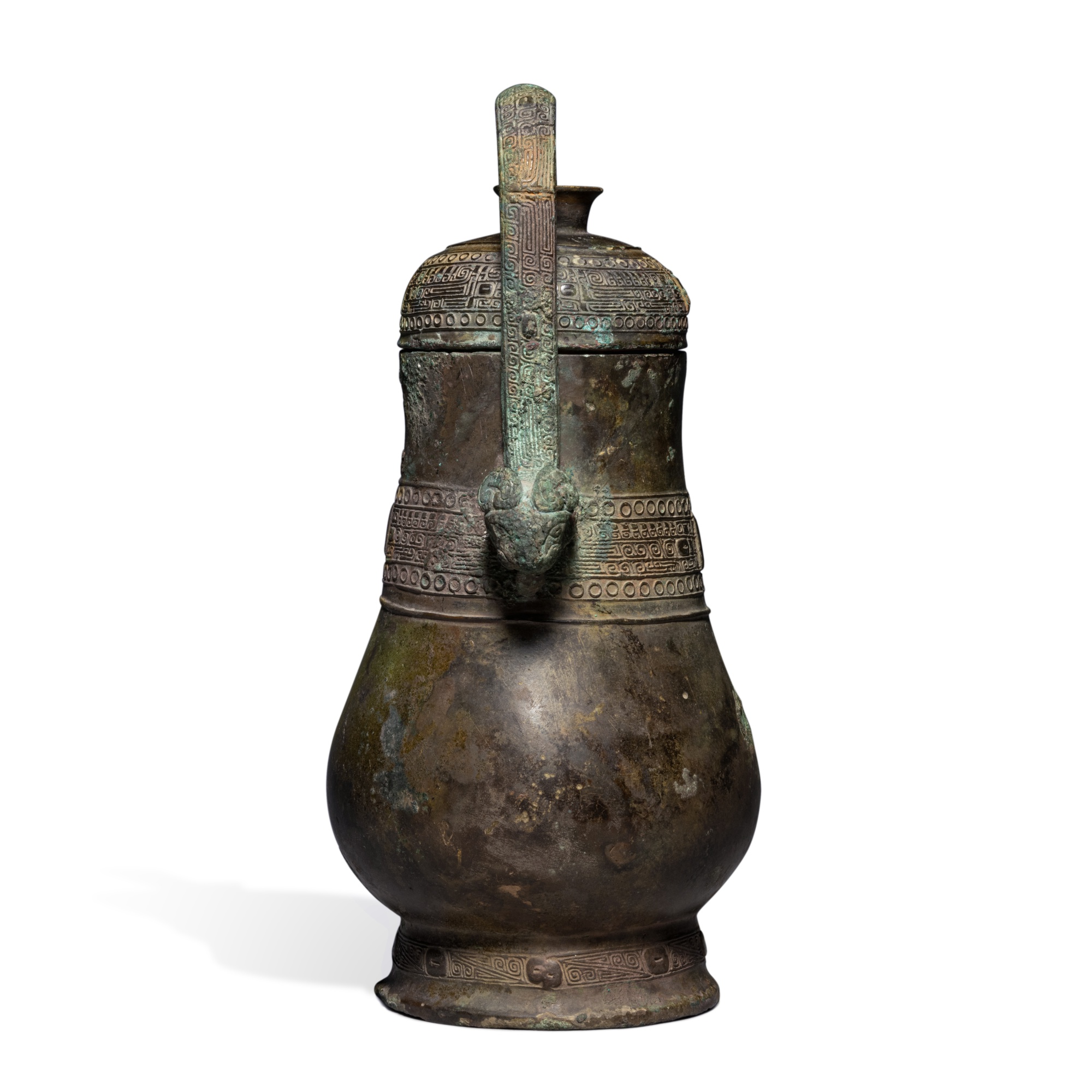 An archaic bronze ritual wine vessel and cover (Hu), Late Shang / early ...