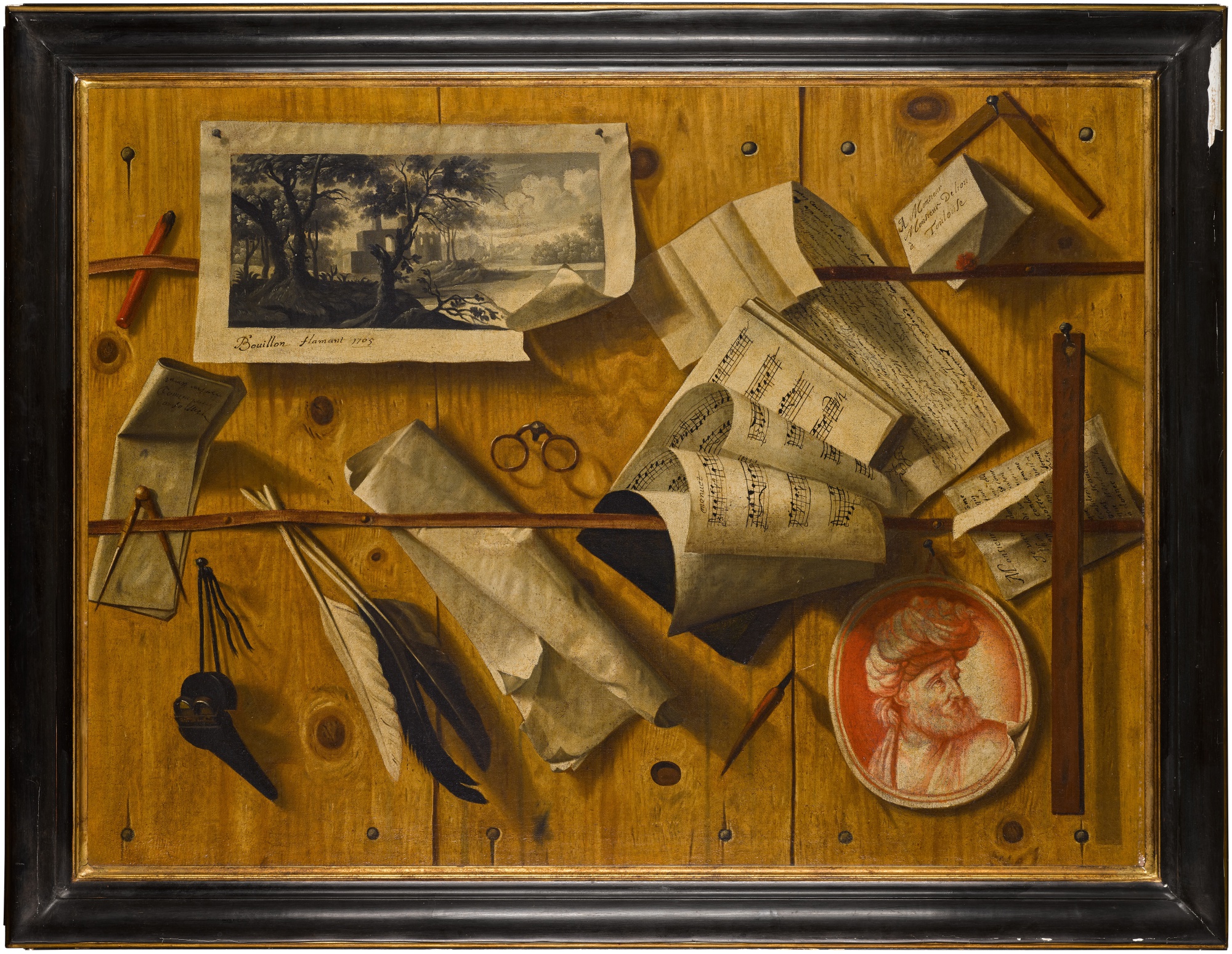 Trompe l'œil still life of letters, sheet music, an engraving, a ...