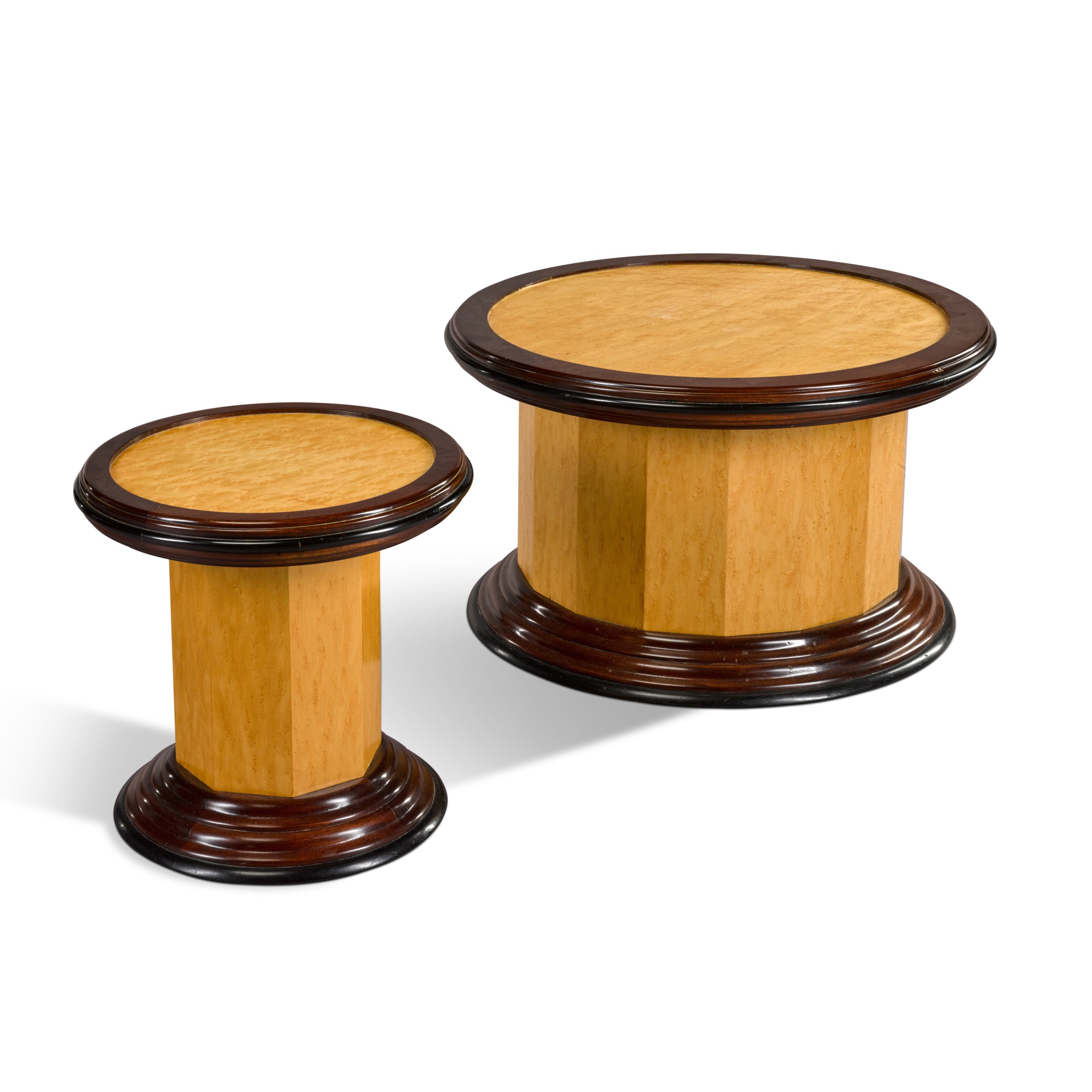 Two bird's eye maple and mahogany 'capstan' occasional tables, circa