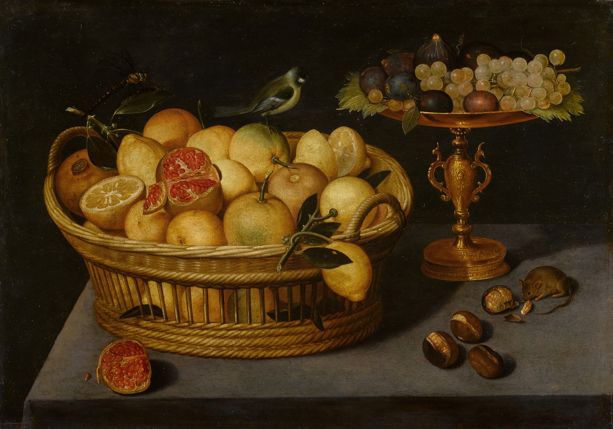 Still life of lemons and pomegranates in a basket with a blue tit and a ...