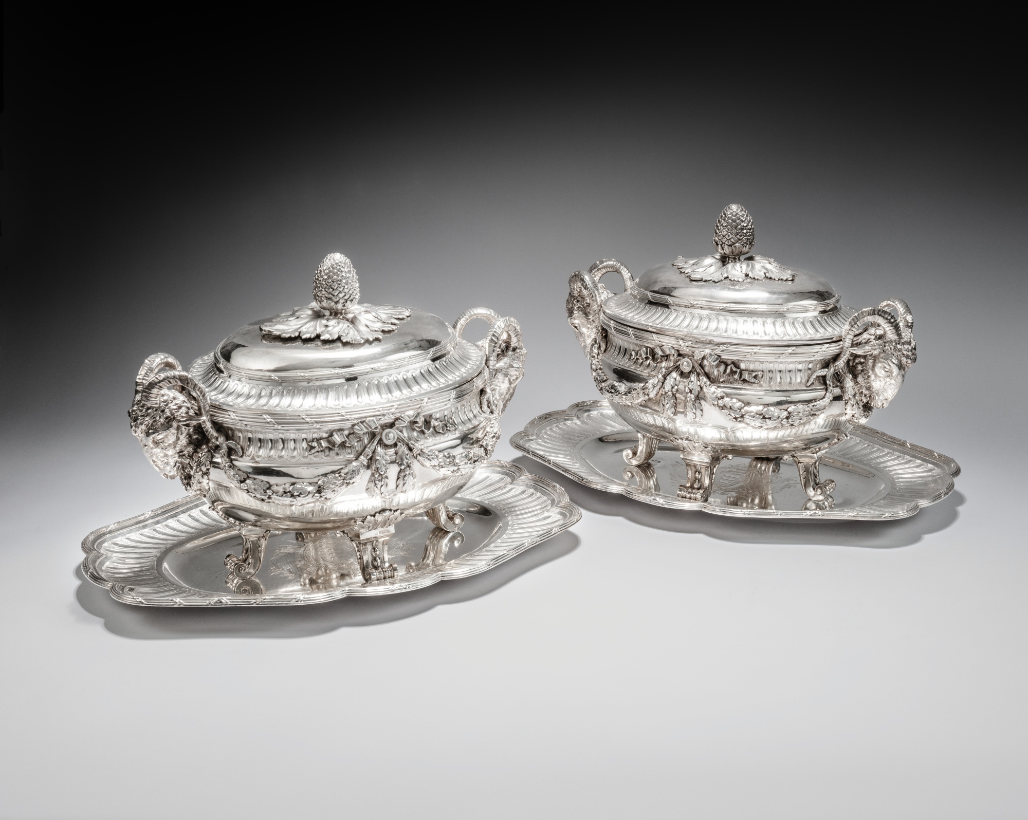 A pair of French silver soup tureens, covers and stands, JosephPierre