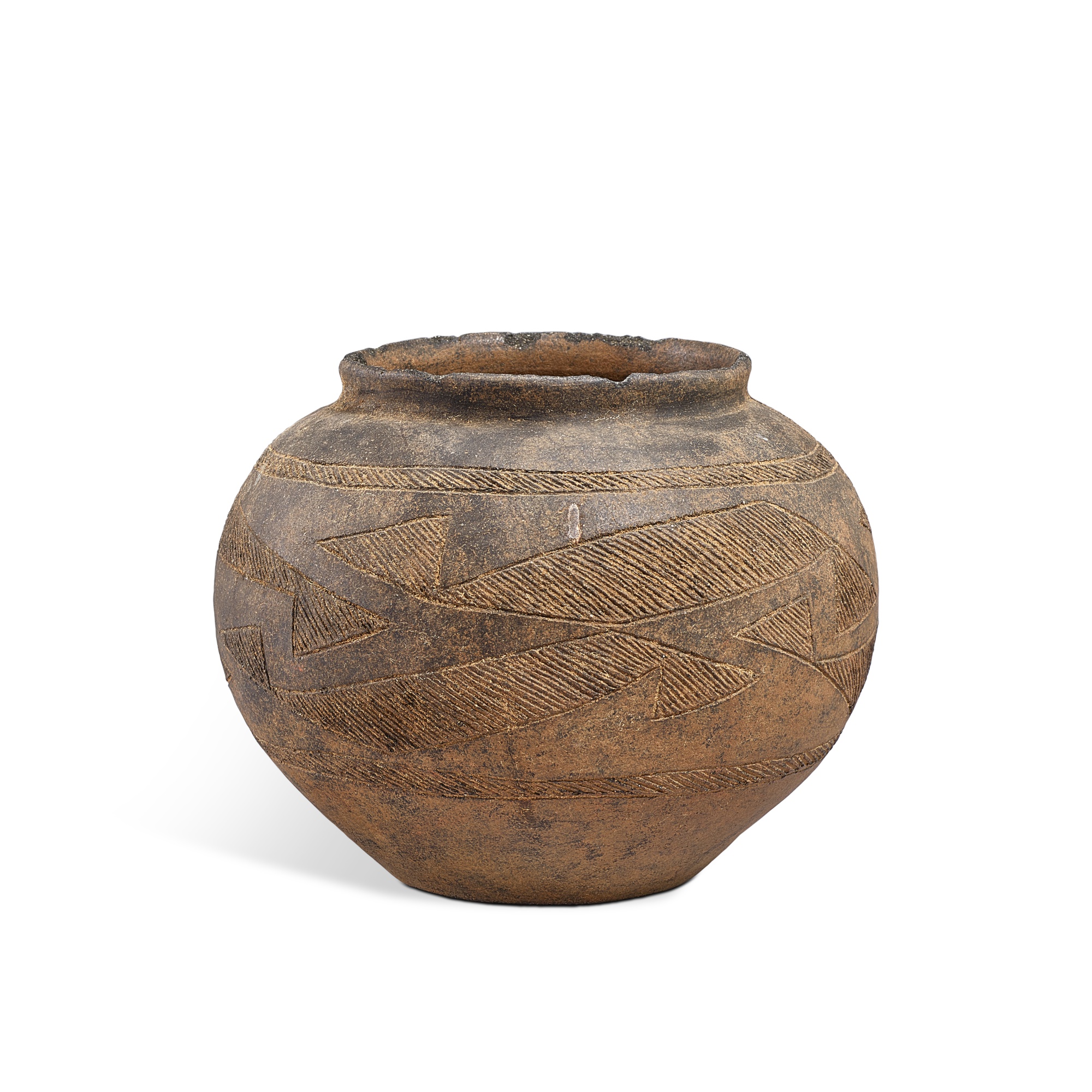 A gray pottery jar with incised designs, Probably Angangxi Culture, 5th