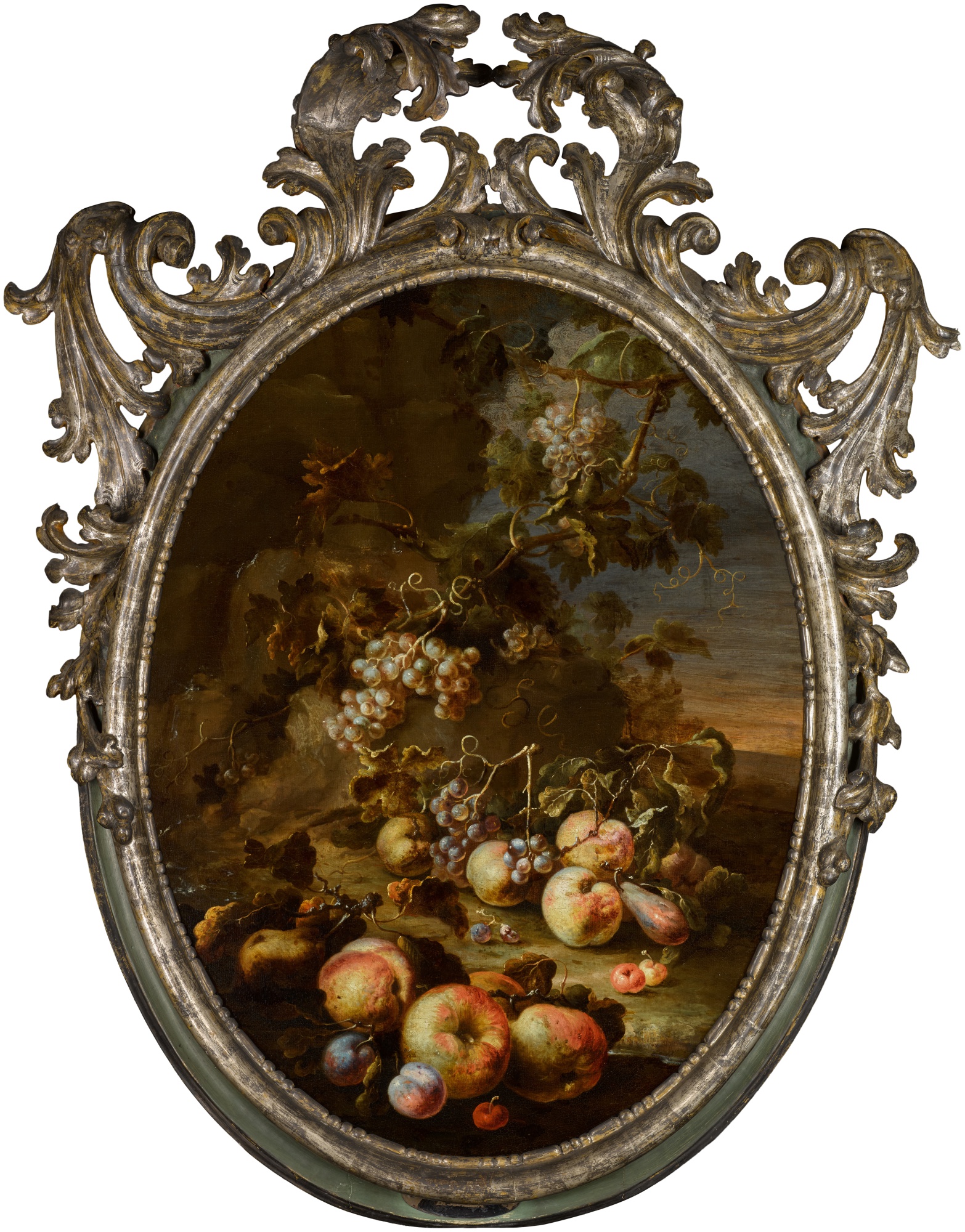 A pair of still lifes with apples, peaches, pears, plums, cherries