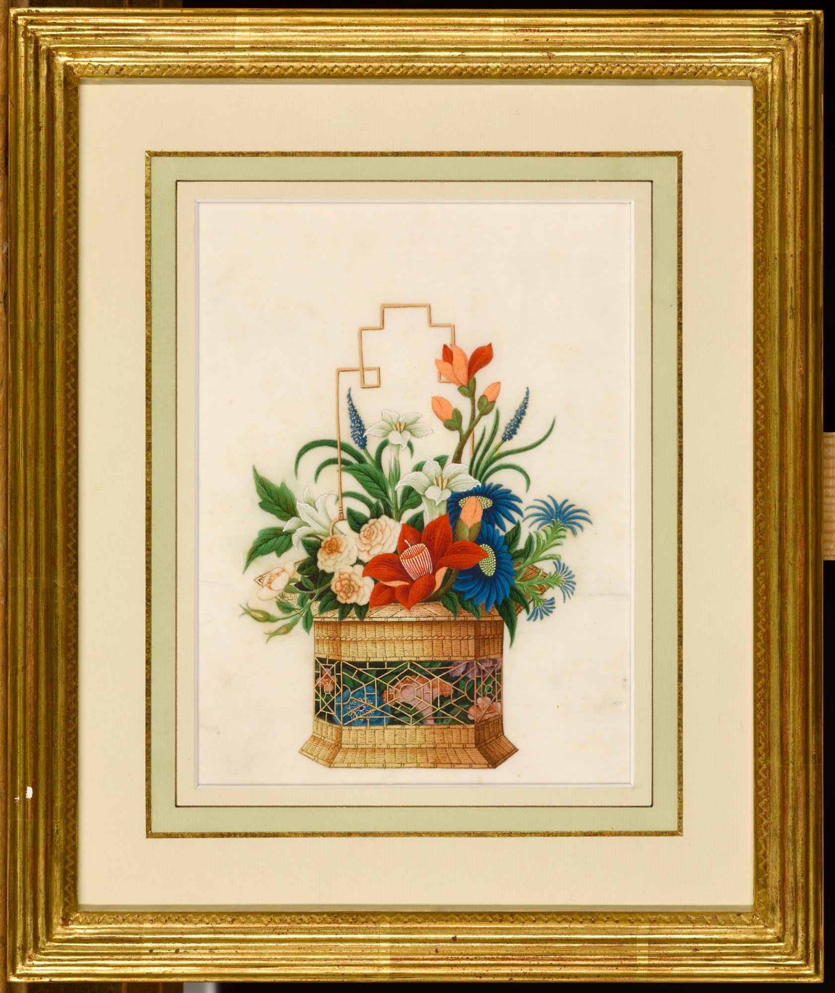 A set of twelve rice-paper paintings of bouquets in baskets, Chinese ...