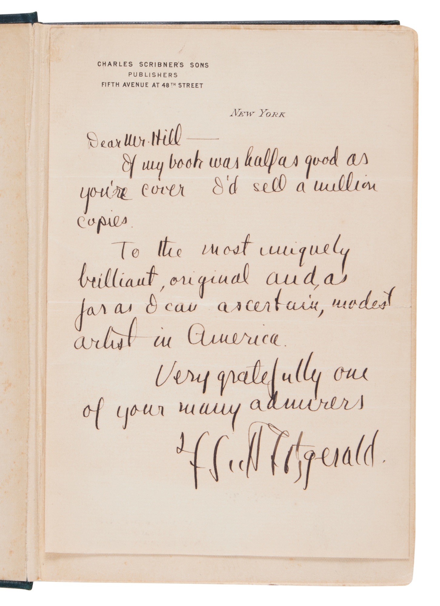 Fitzgerald, F. Scott Fitzgerald praises the jacket designer for his