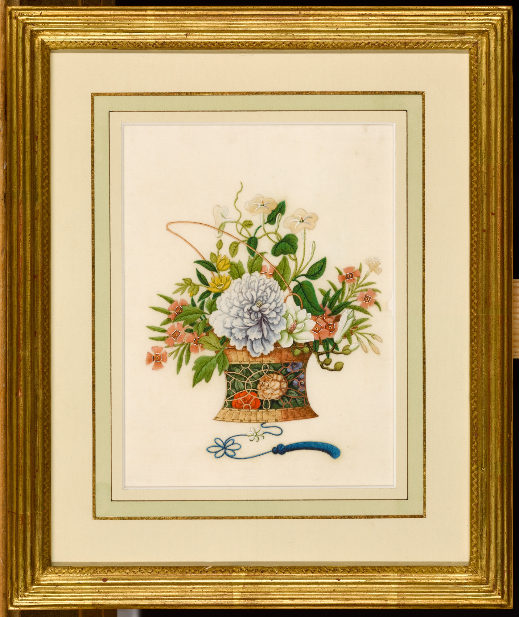 A set of twelve rice-paper paintings of bouquets in baskets, Chinese ...
