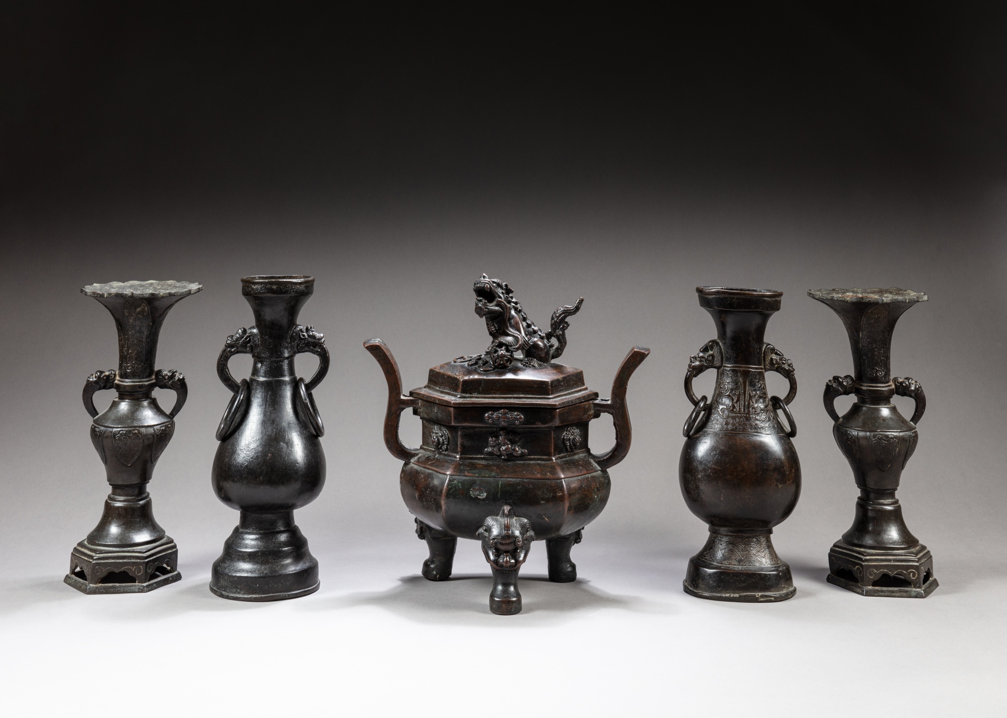 A garniture of five bronze altar vases, Ming dynasty, 16th17th century