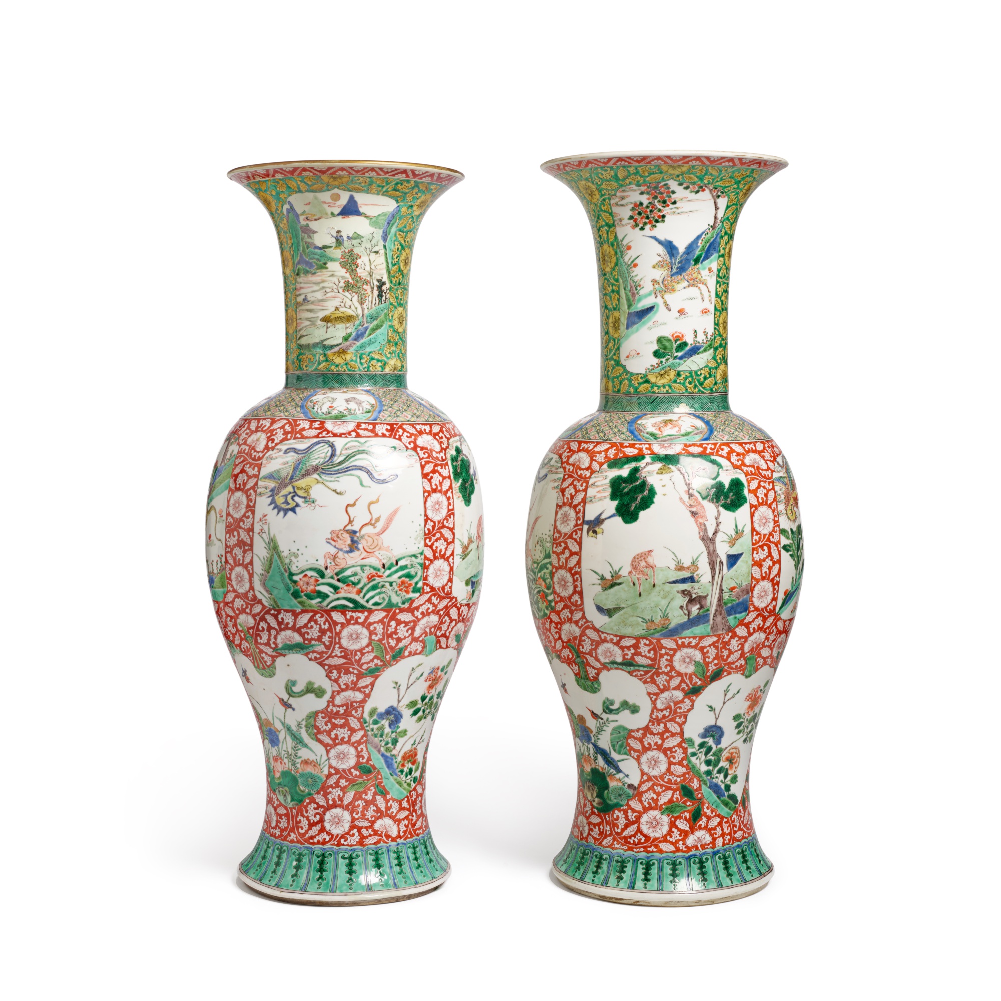 A Pair of Large Chinese Iron-Red-Ground Famille-Verte ‘Mythical Beasts ...