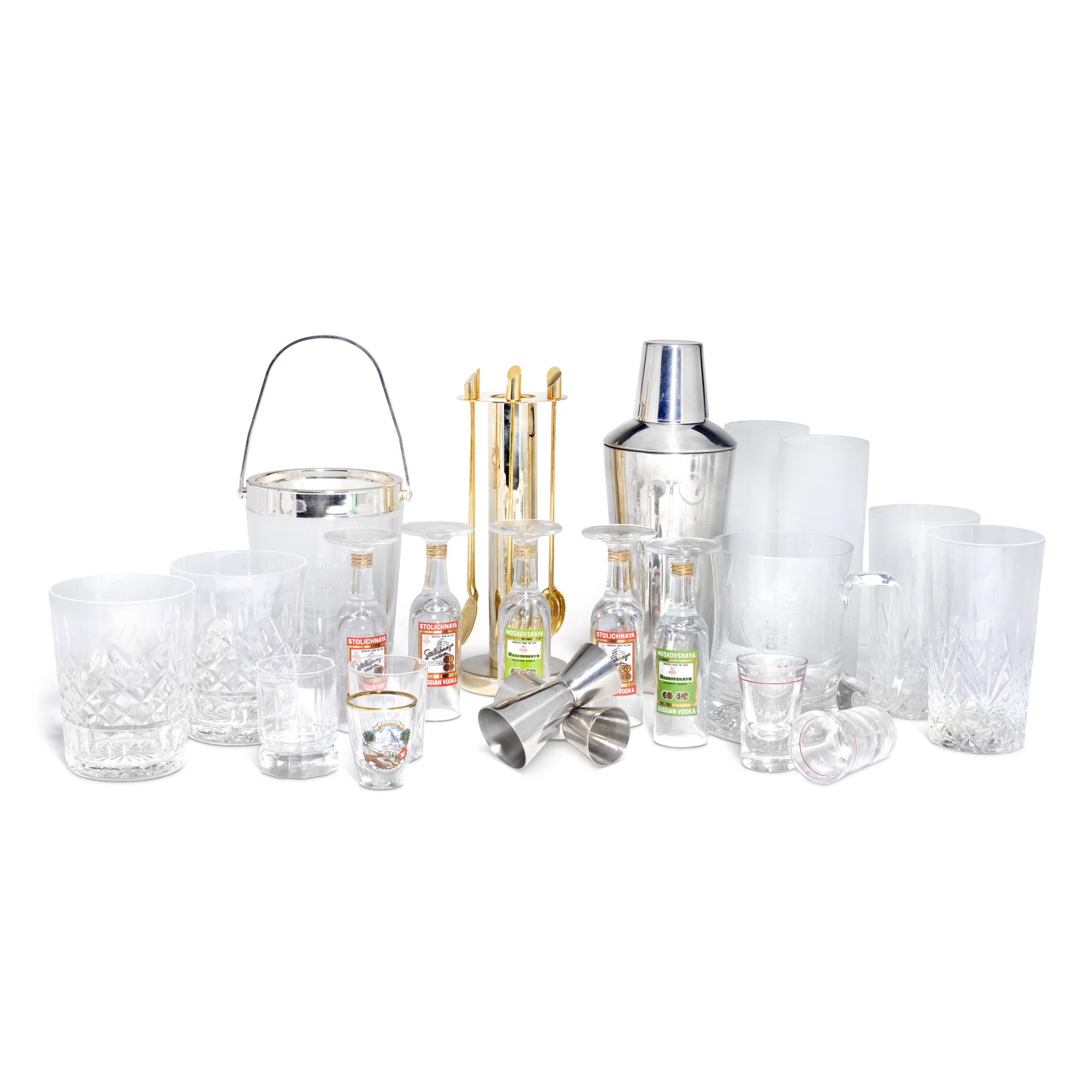 A quantity of glass barware, including shot glasses, a steel cocktail shaker etc, 20th century