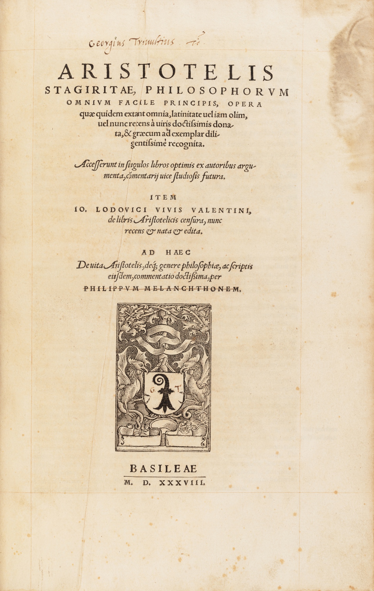 Aristotelis Stagiritae Philosophorum... Bâle, 1538. Reliure attribuable ...
