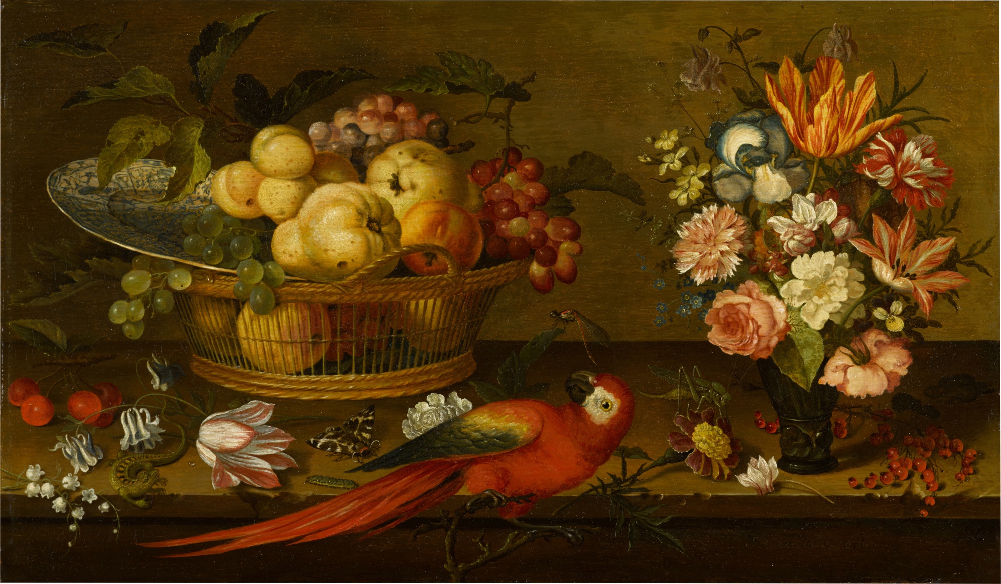 Still life with a basket of fruit and a Wanli Kraak porcelain dish, a ...