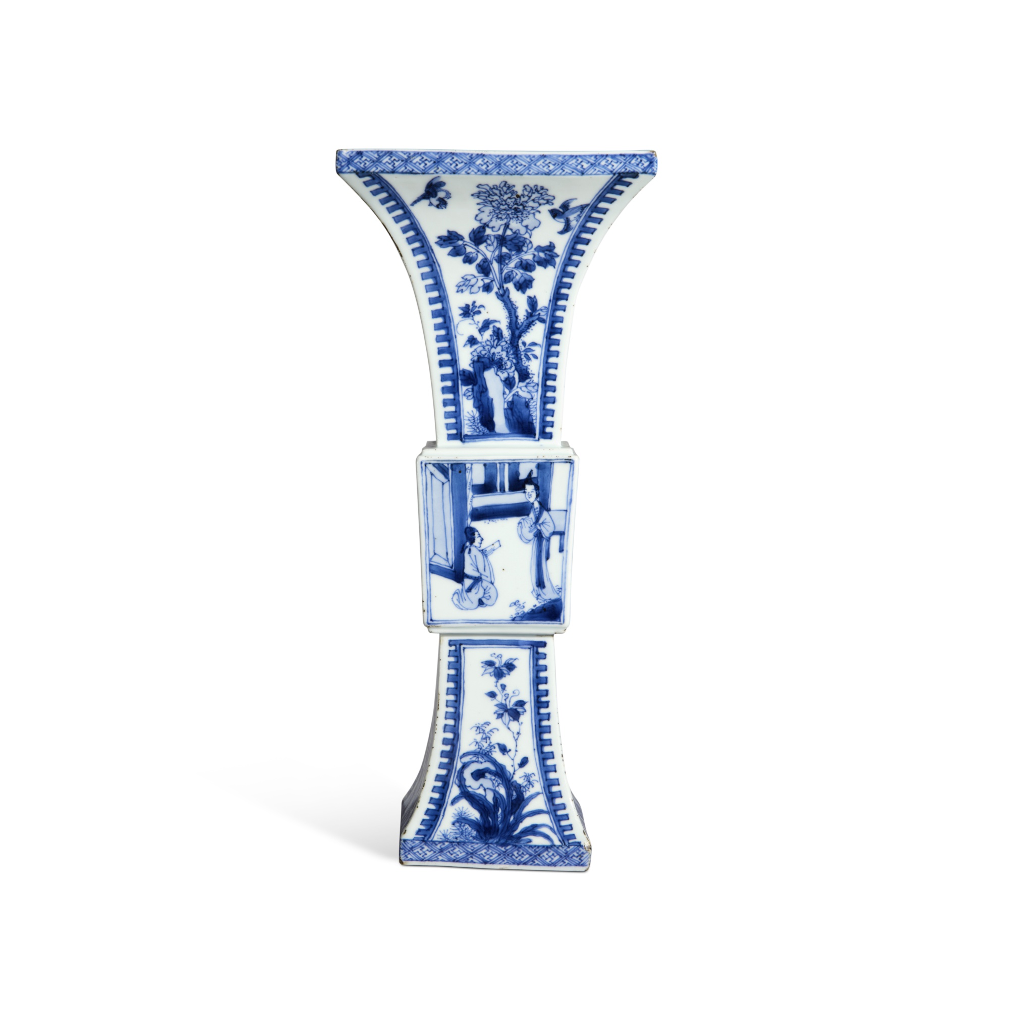 A blue and white 'The Plum in the Golden Vase' guform vase, Qing