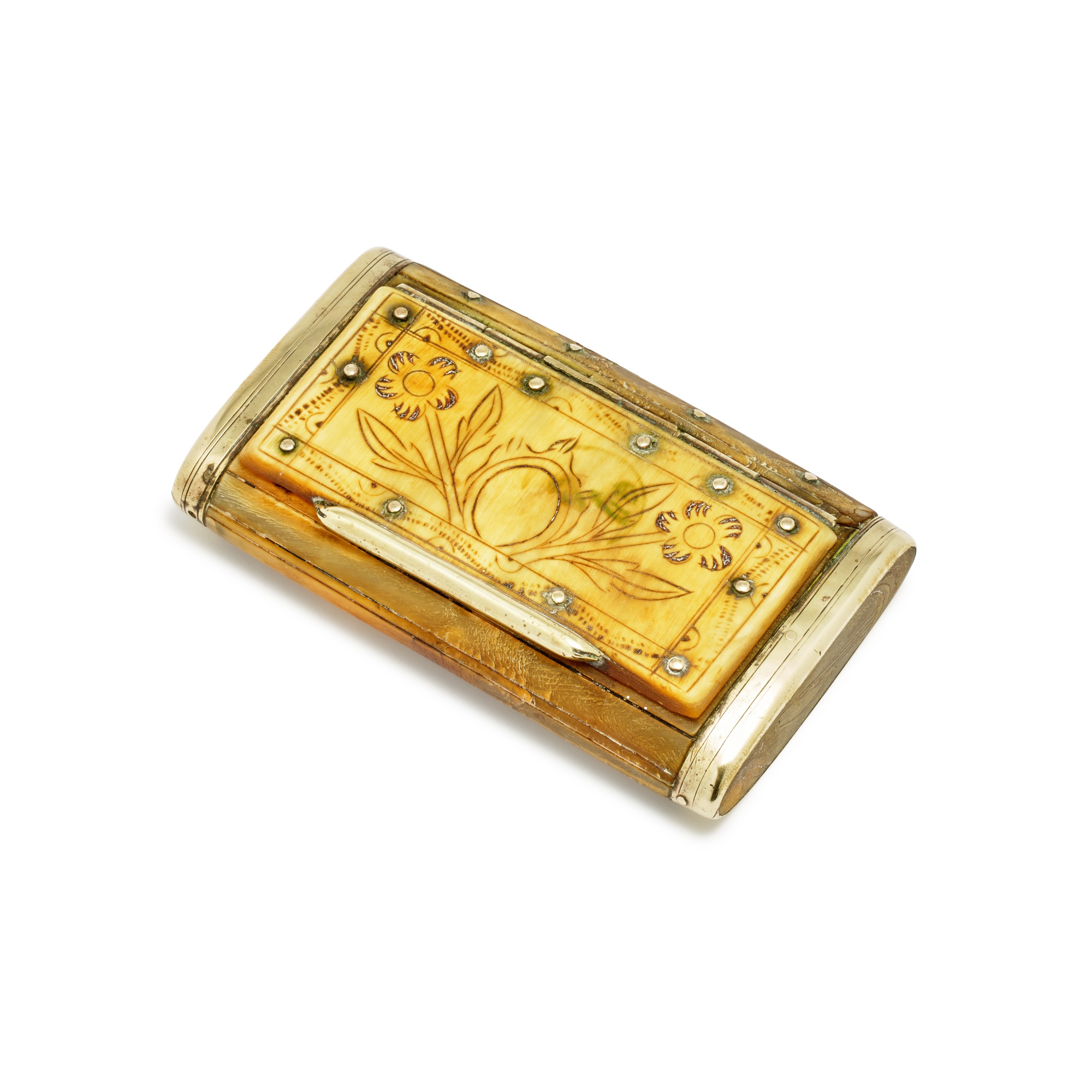 English Engraved Bone and Brass Snuffbox, Circa 1750 The Kindig