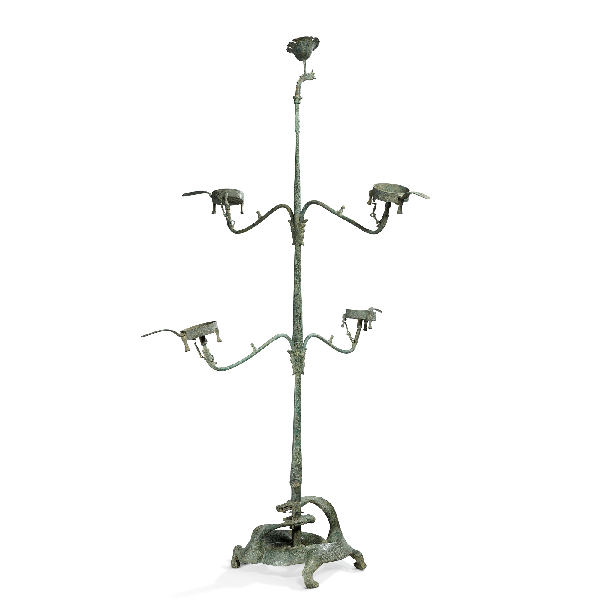 A bronze ‘dragon’ treeshape lamp, Eastern Han dynasty 東漢 青銅龍紋四枝連盞燈 Chinese Art Online A