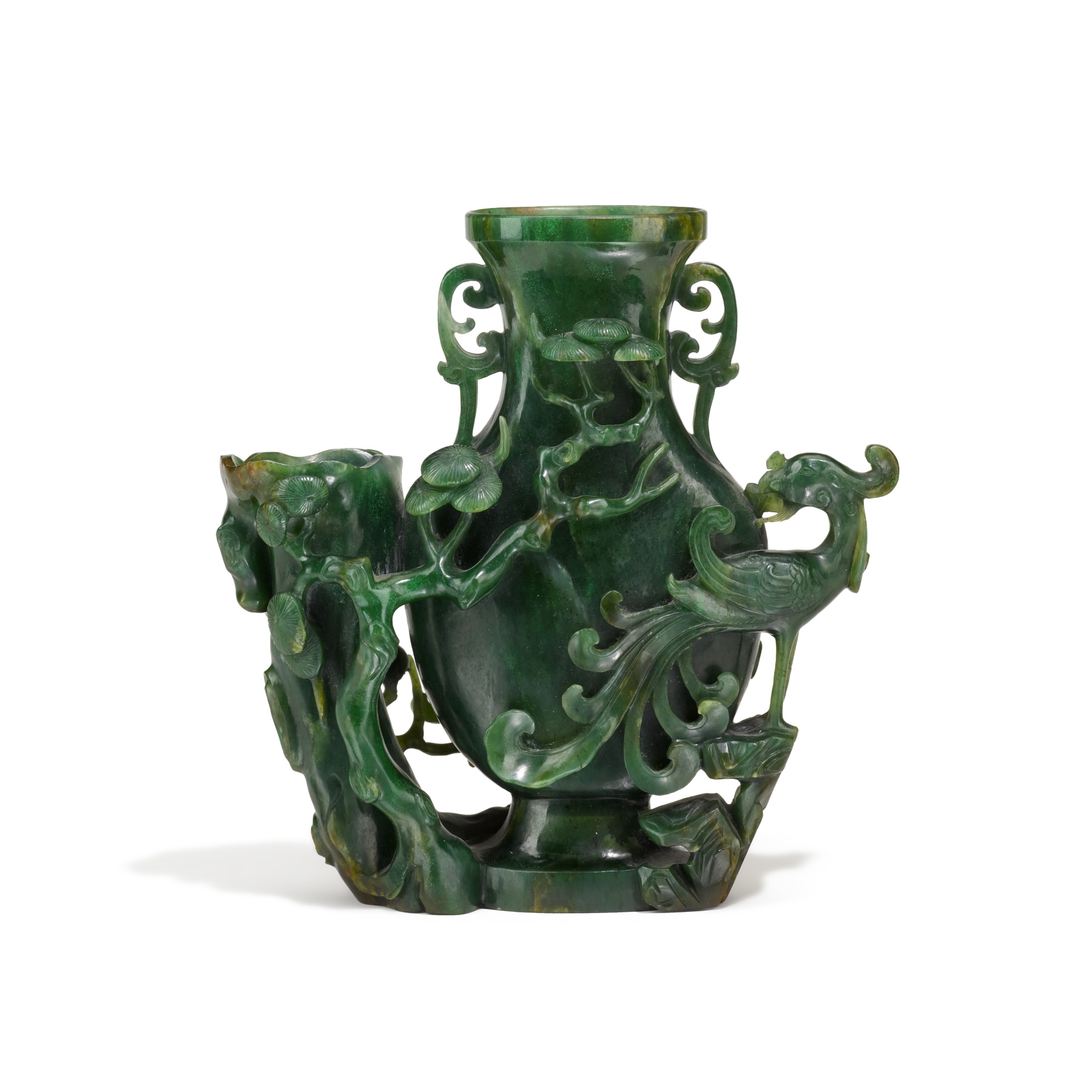 A spinachgreen jade 'phoenix' vase, Qing dynasty, 19th century 清十九世紀