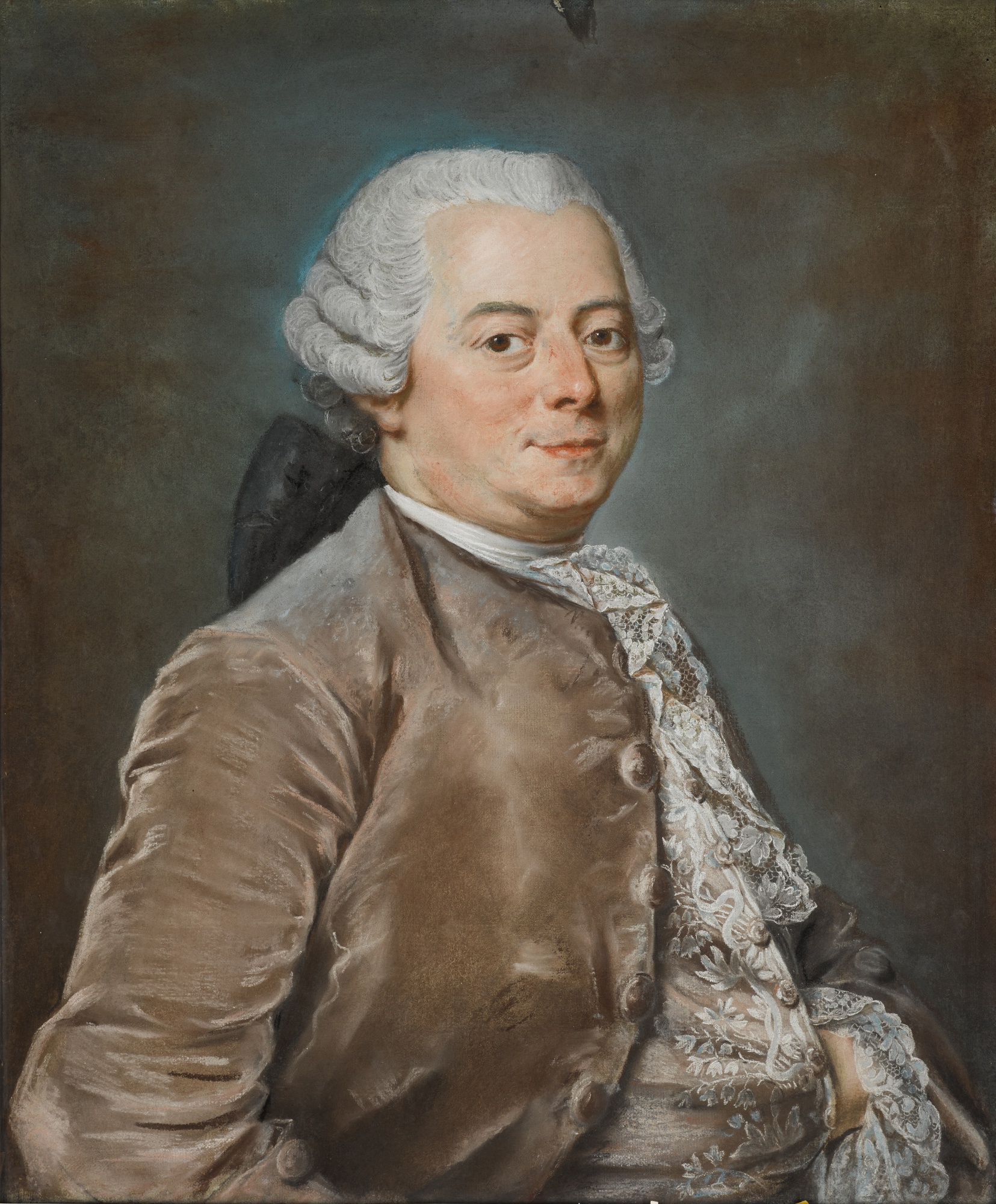 Portrait of a man wearing a velvet brown jacket and a lace Jabot Old