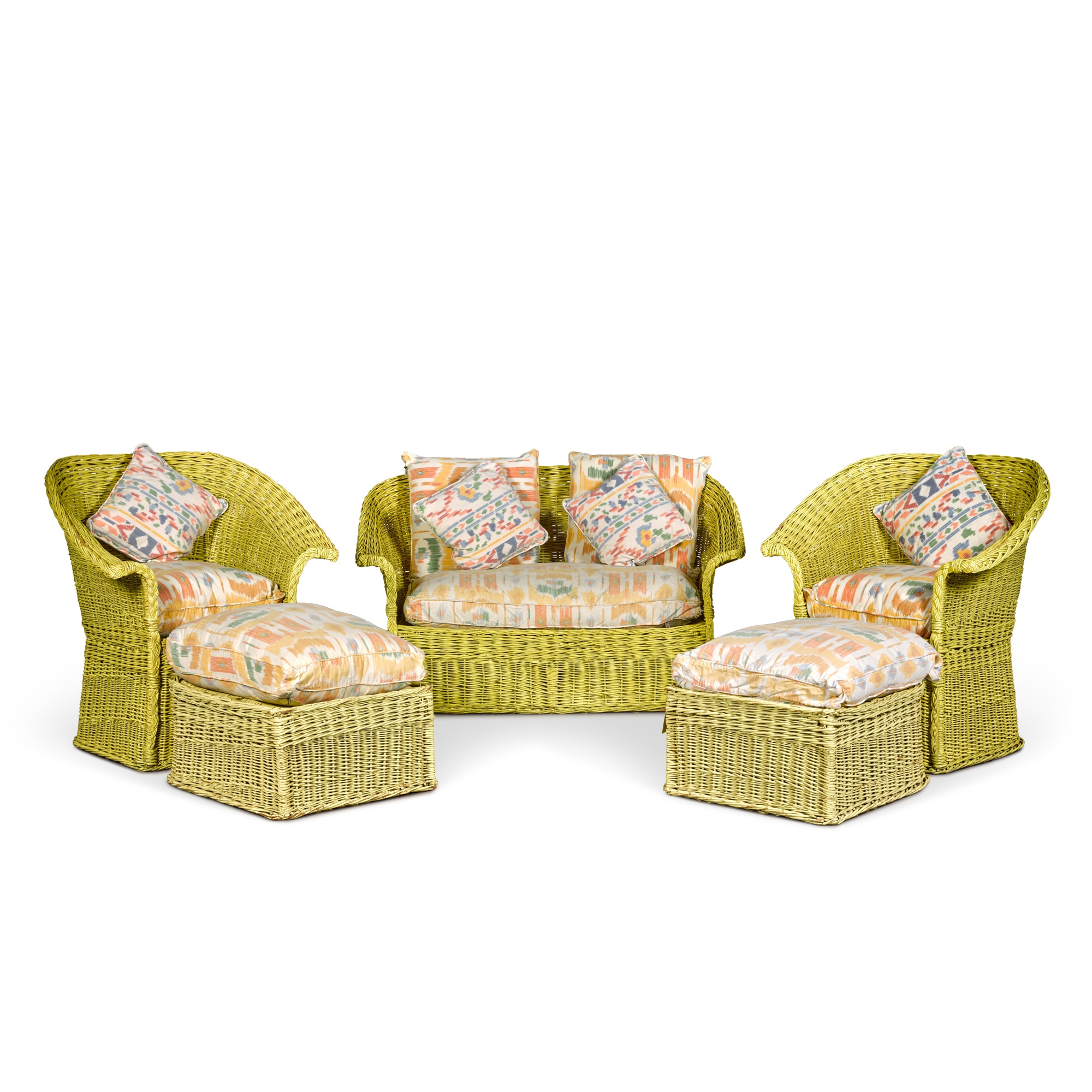 A suite of painted wicker seat furniture by Marston & Langinger, 1988