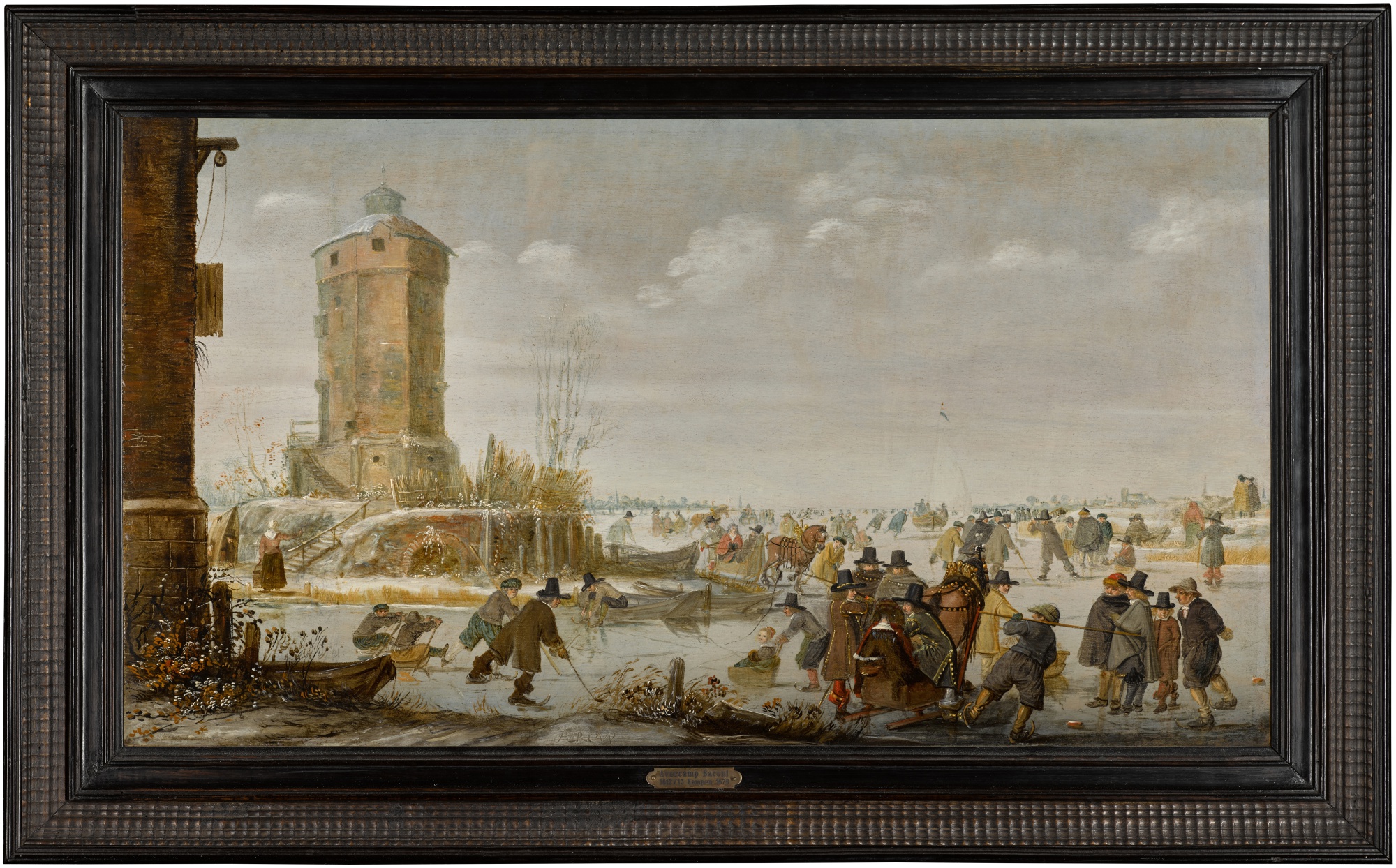 Skaters, kolf players and elegant figures with horse-drawn sleighs on a ...