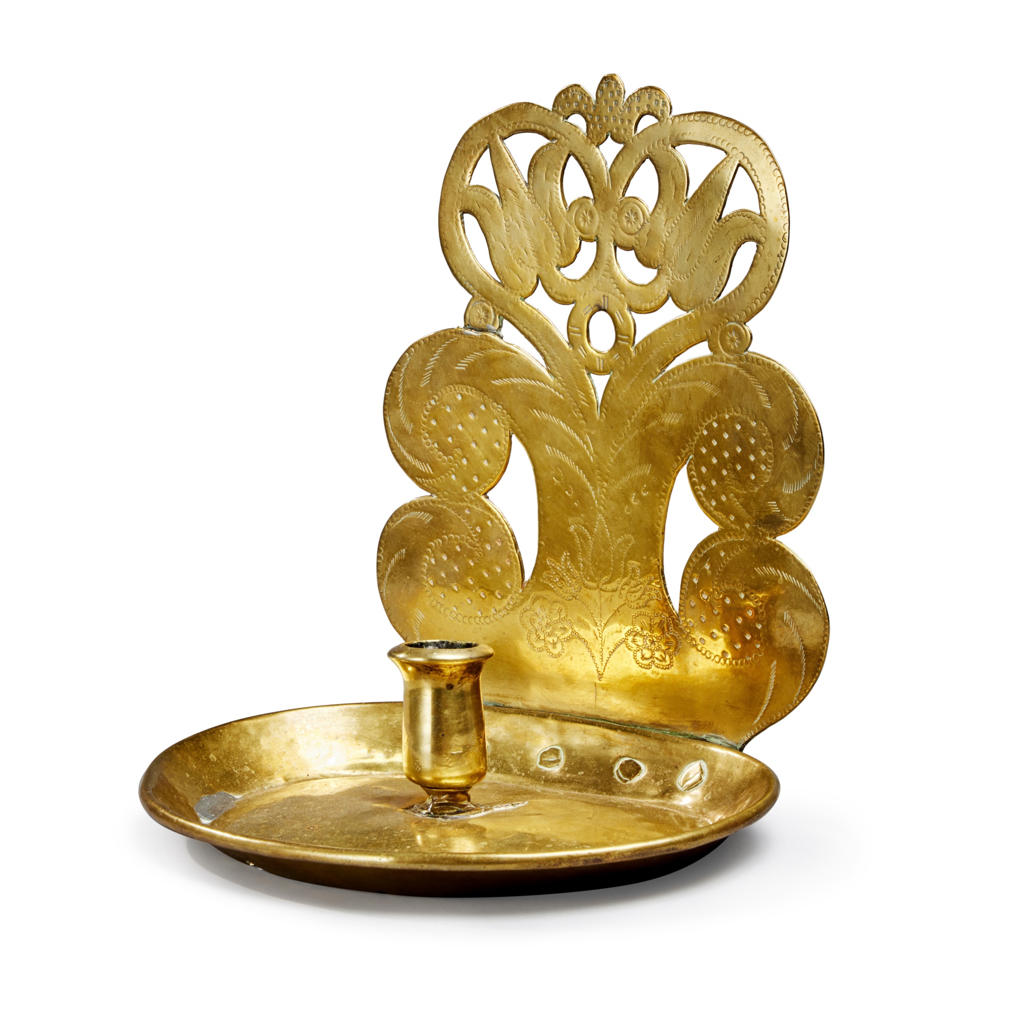 English or Dutch Engraved Cast Brass OneLight Wall Sconce, Late 17th or Early 18th Century