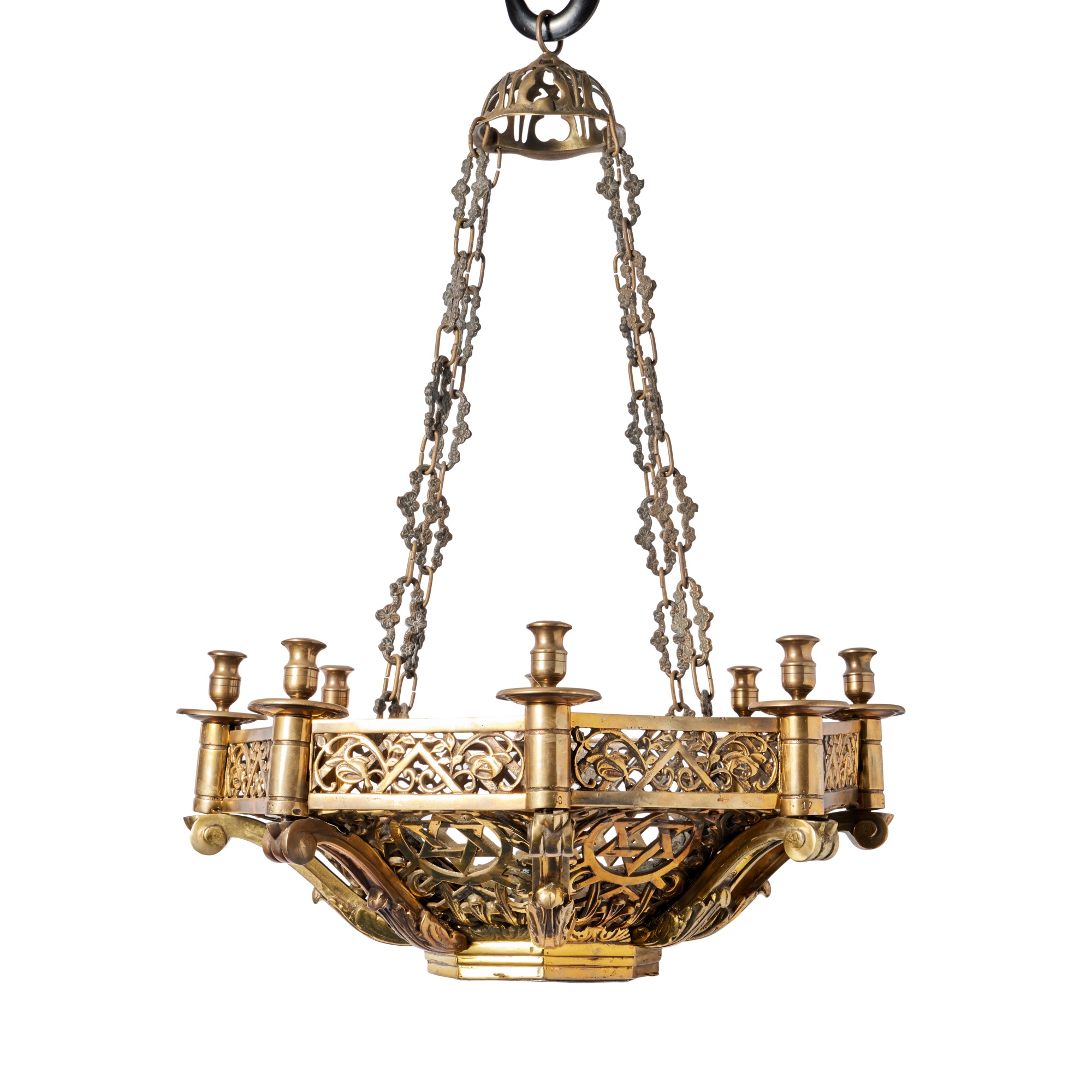 A Pair of Octagonal Brass EightLight Chandeliers, probably German or