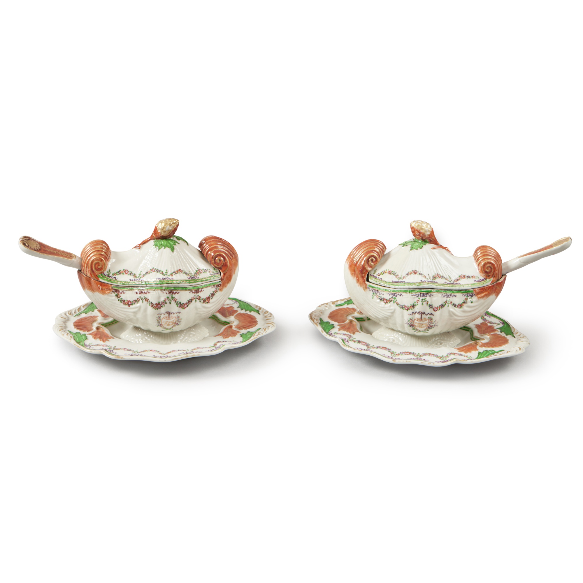 A Rare Pair of Chinese Export Famille-Rose Initialed Shell-Shaped Sauce ...