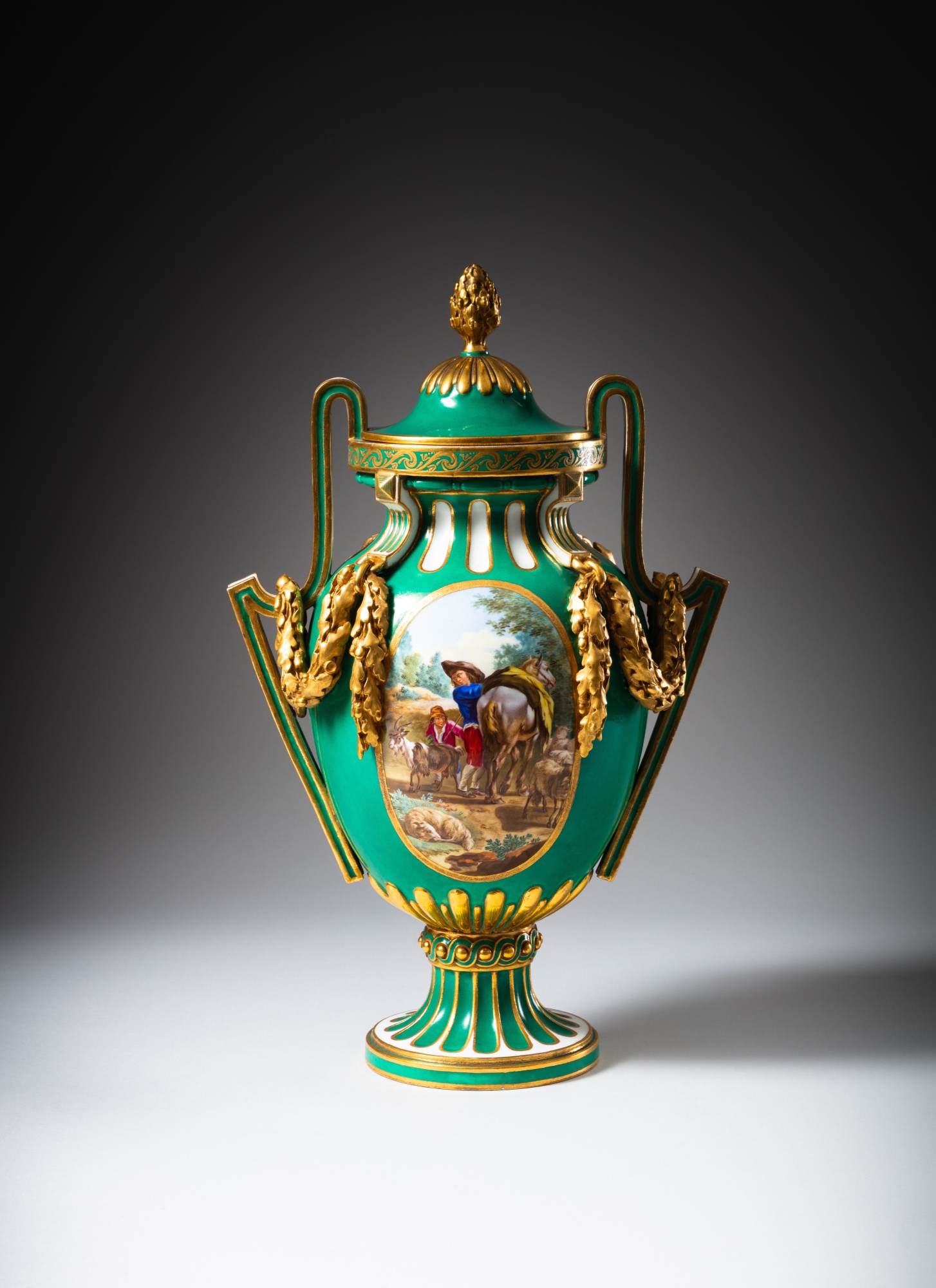 A Louis XV Sèvres porcelain green-ground covered vase 'vase à bâtons ...