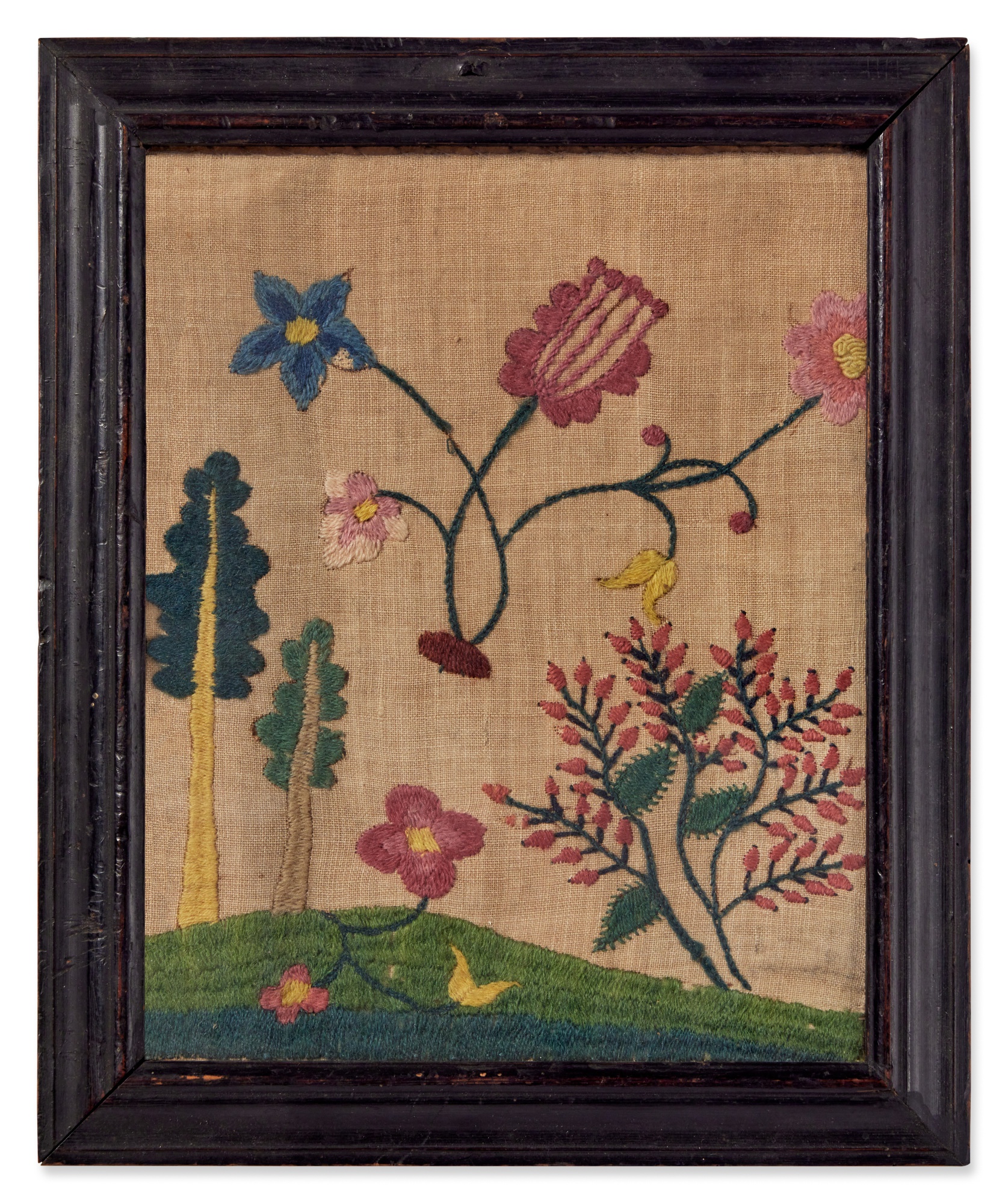 American Needlework Fragment of a Flowering Landscape, Probably
