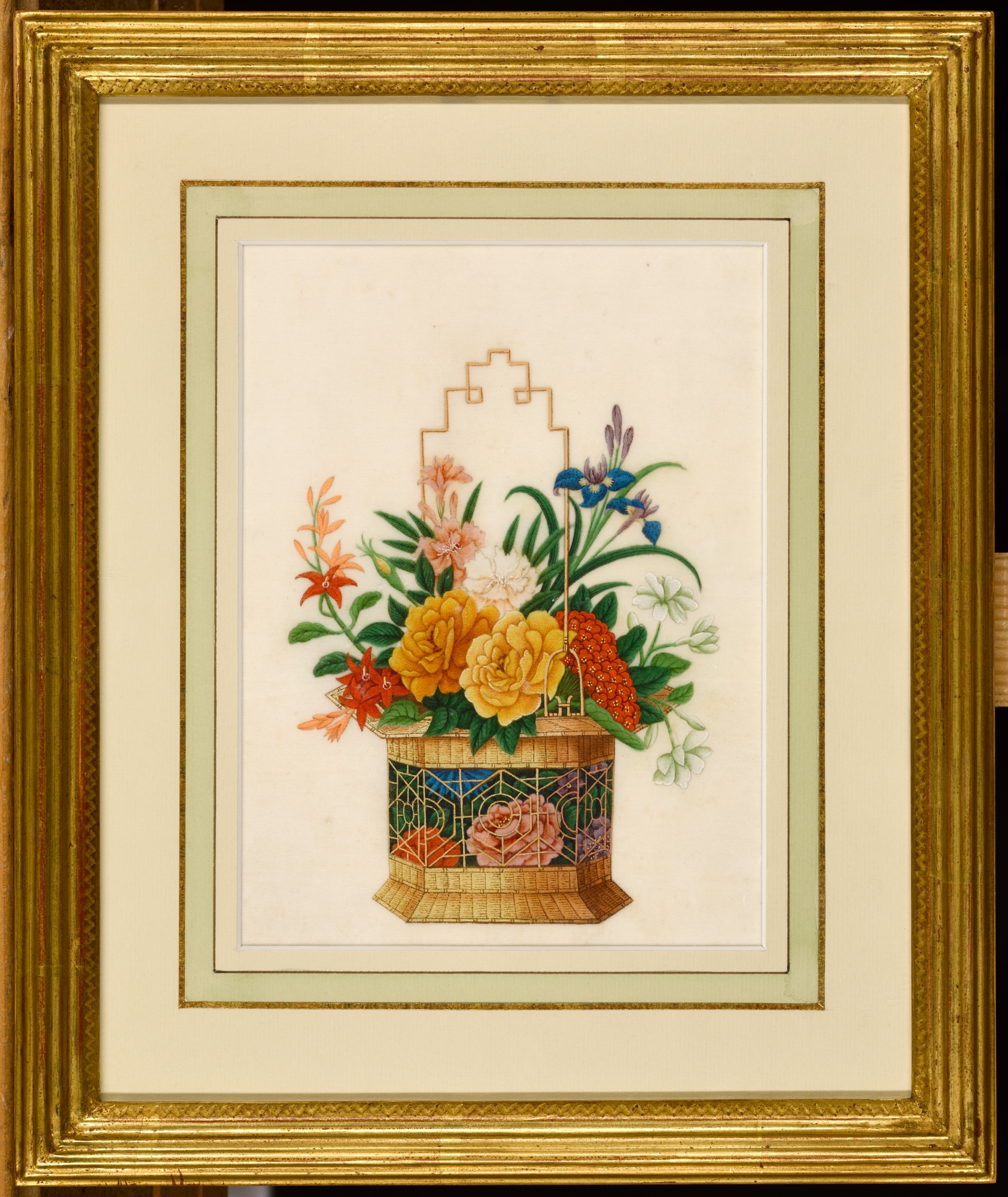 A set of twelve rice-paper paintings of bouquets in baskets, Chinese ...