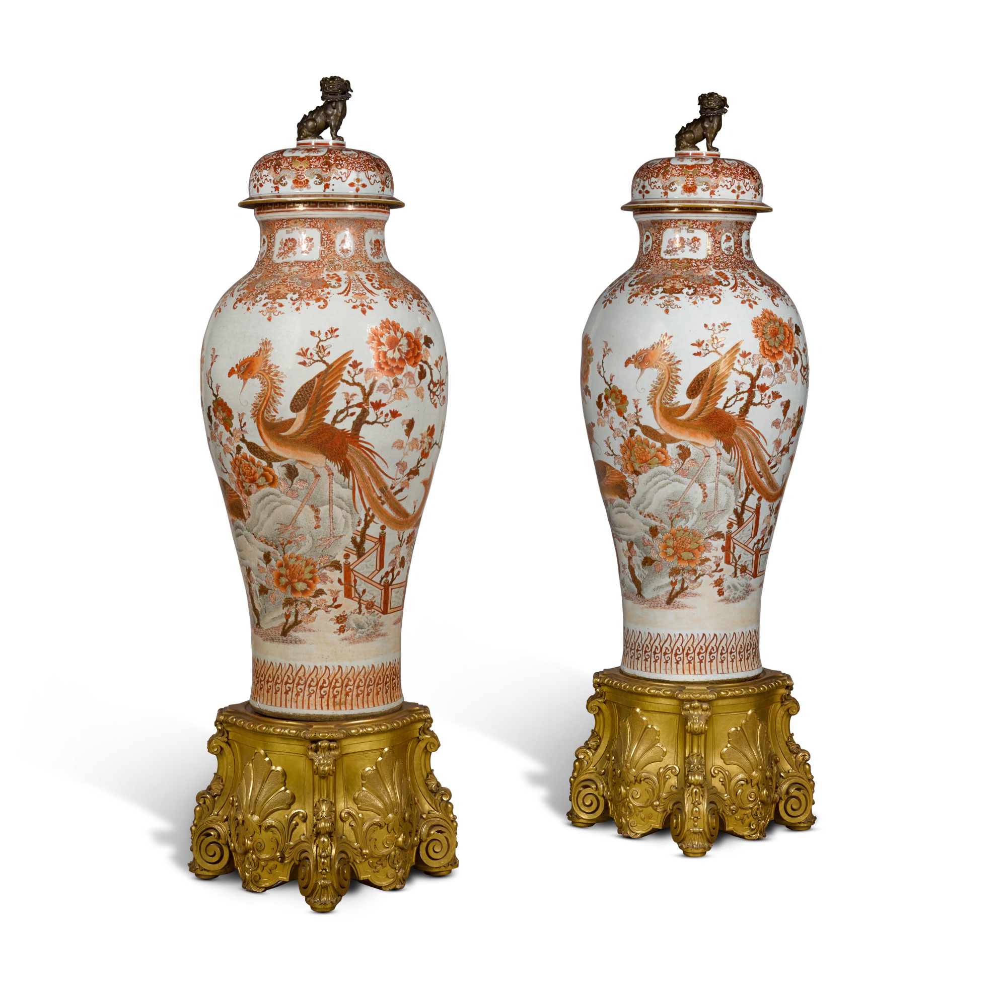 A massive pair of Chinese baluster vases and covers, the vases Qianlong