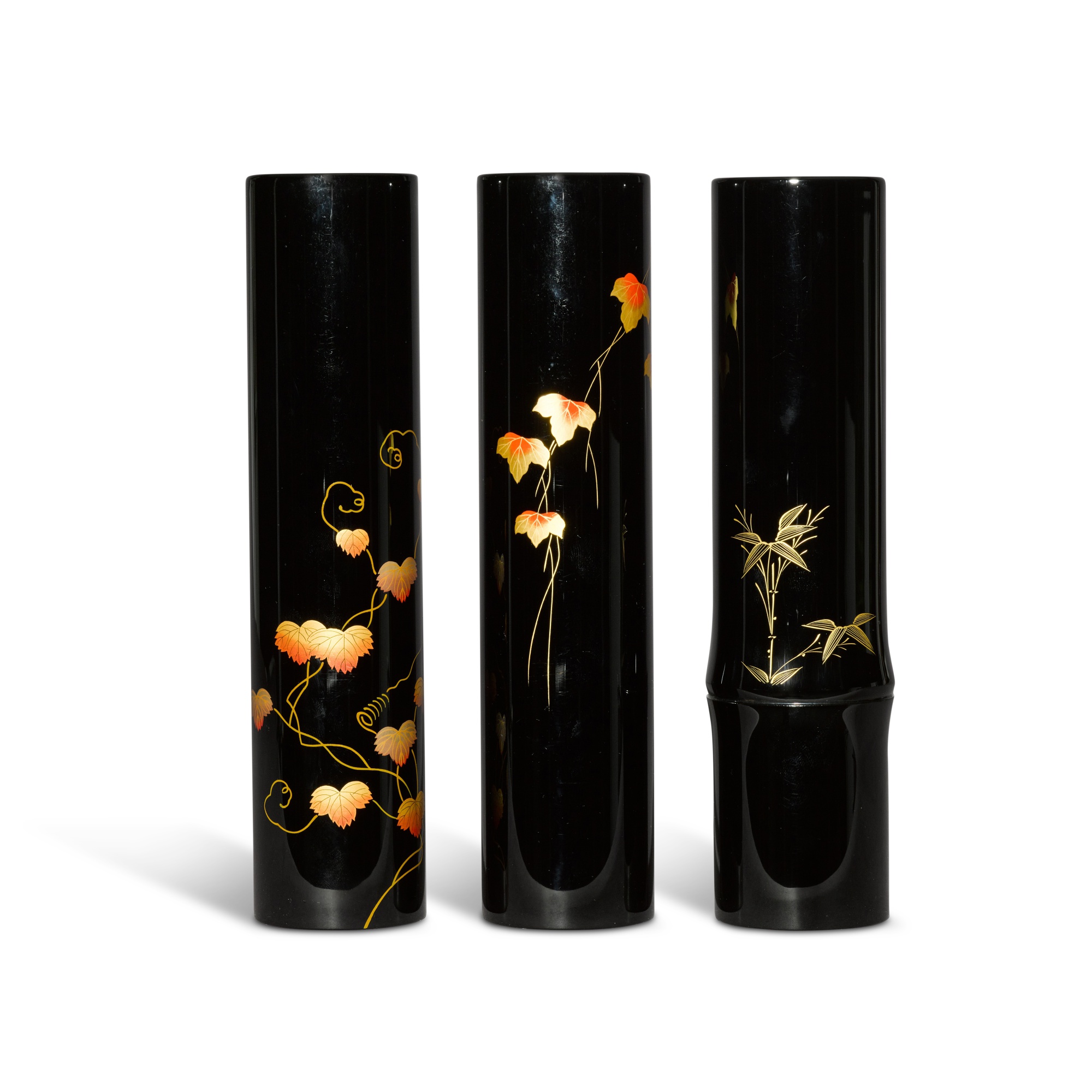 Three Japanese giltdecorated Wajima lacquer vases, 20th century