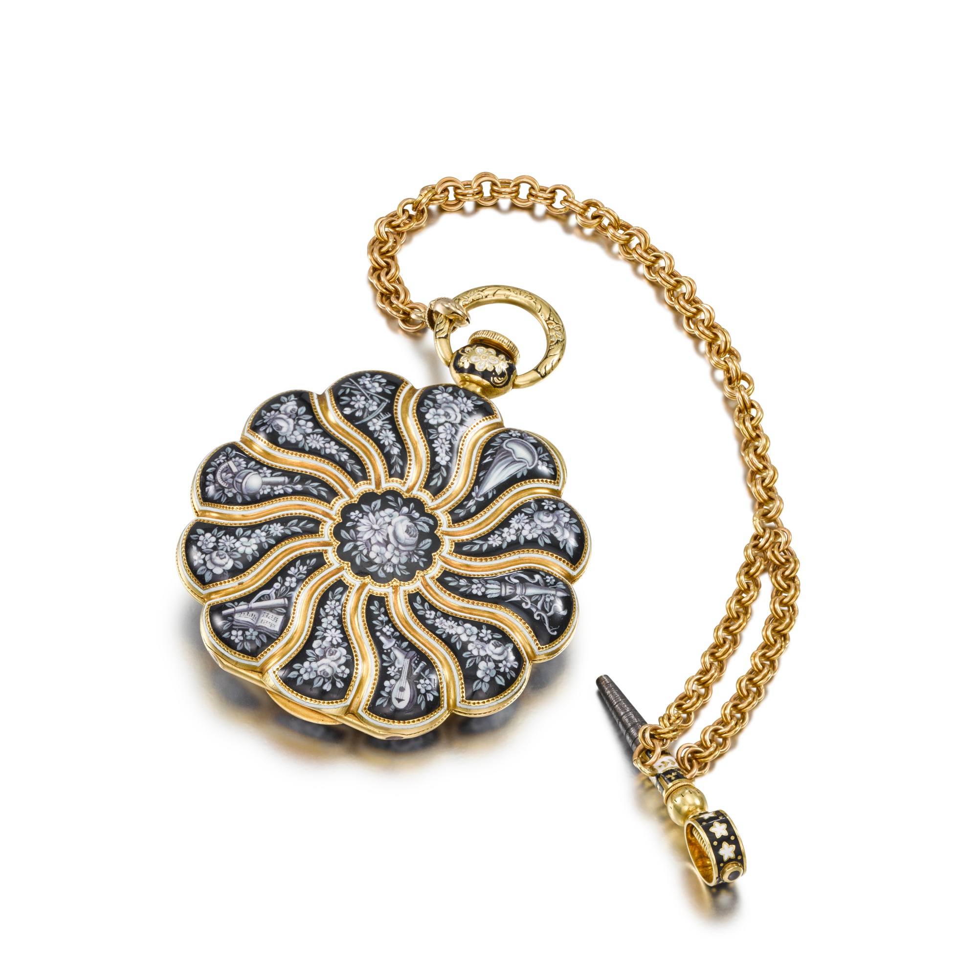 A gold and enamel scallop-shaped cylinder watch with early keyless ...