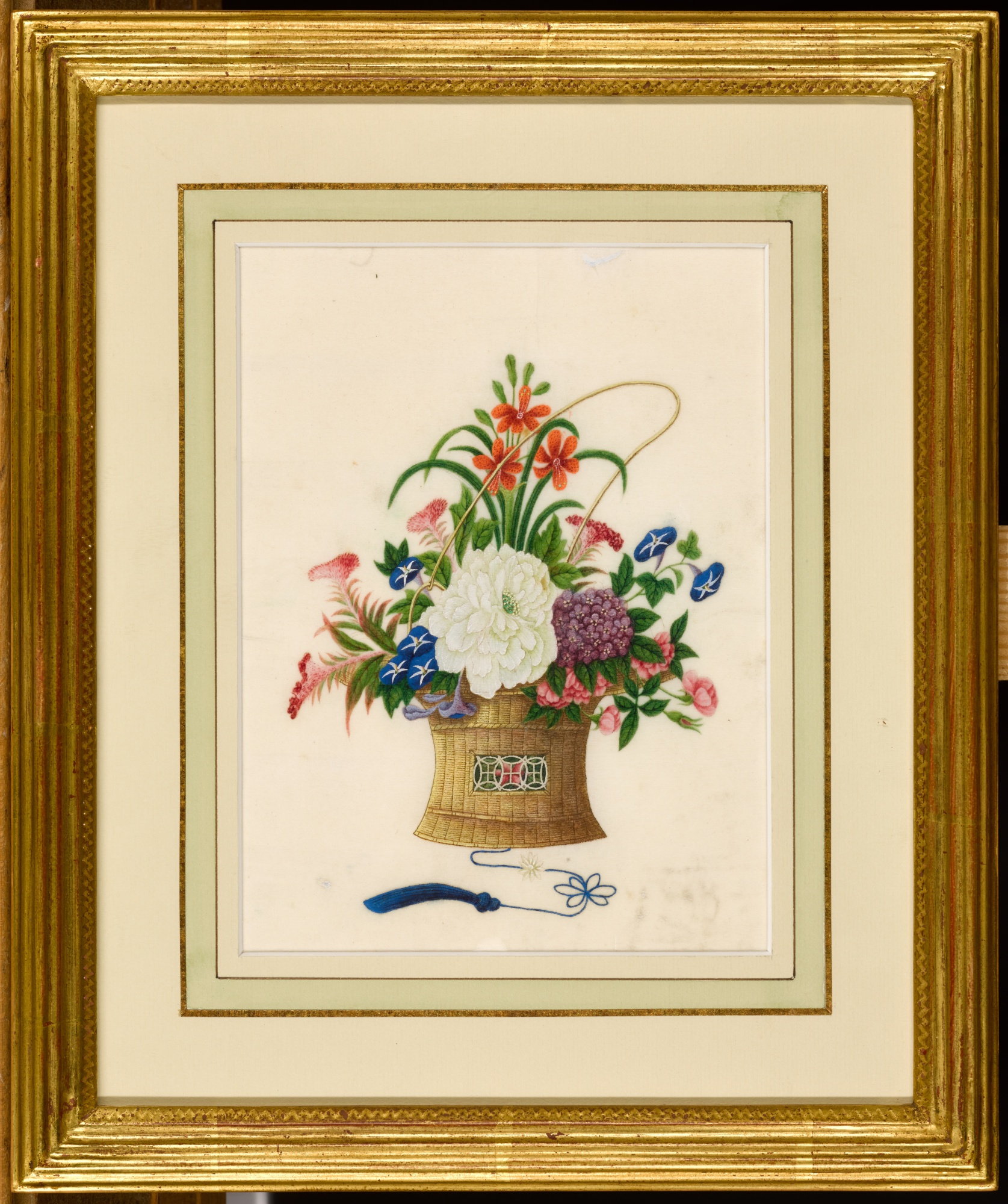 A set of twelve rice-paper paintings of bouquets in baskets, Chinese ...