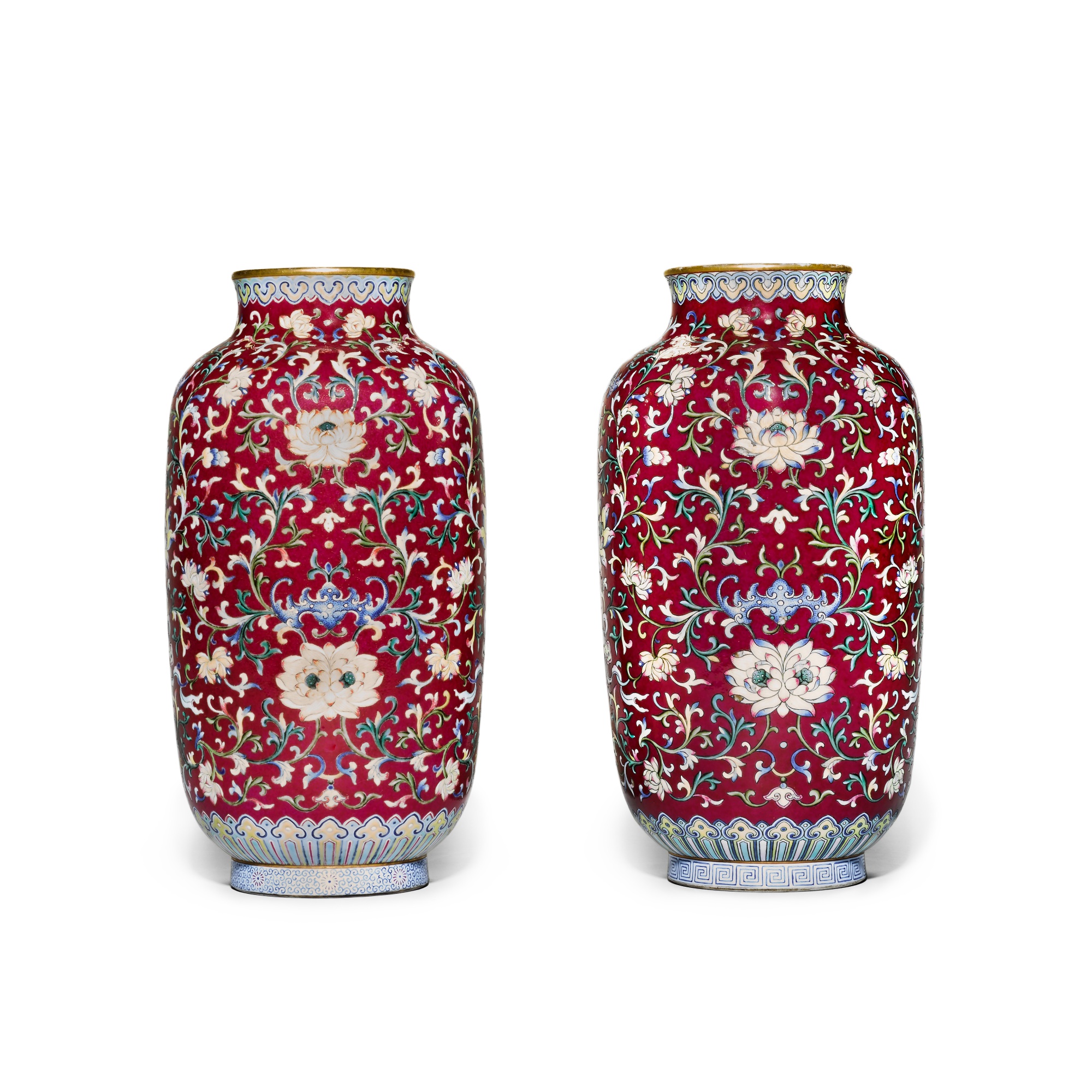 A matched pair ruby-ground famille-rose lantern vase, Qing dynasty ...