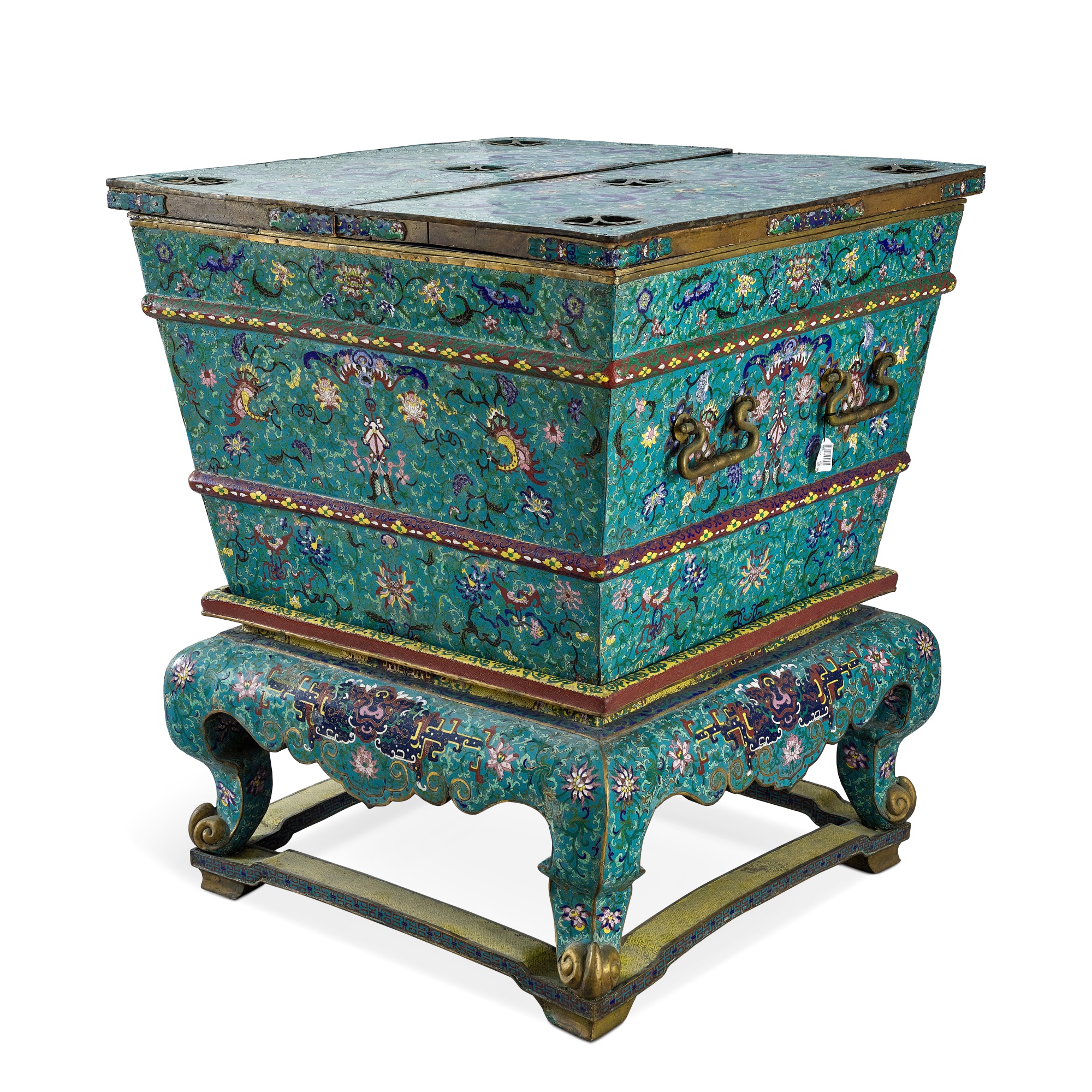 A large cloisonne ice chest and stand Qing dynasty, 19th century 清十九世紀