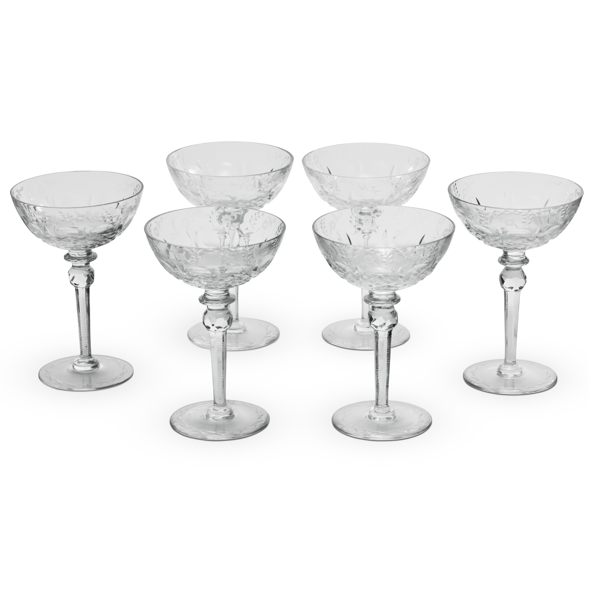 A set of six large cutglass champagne glasses, 20th century Freddie