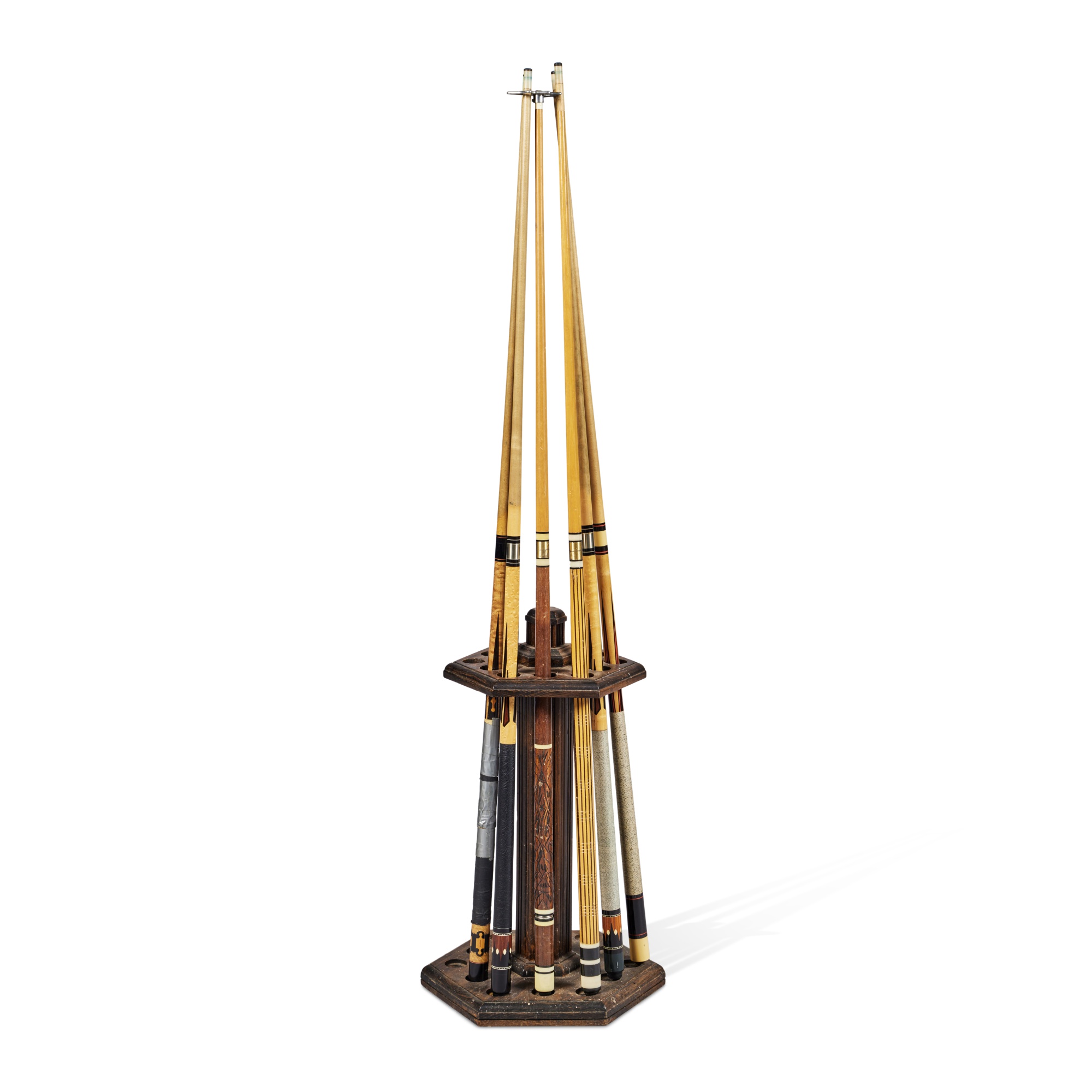 A Group of Three Mali Pool Cues with Standing Rack A Life & Legacy