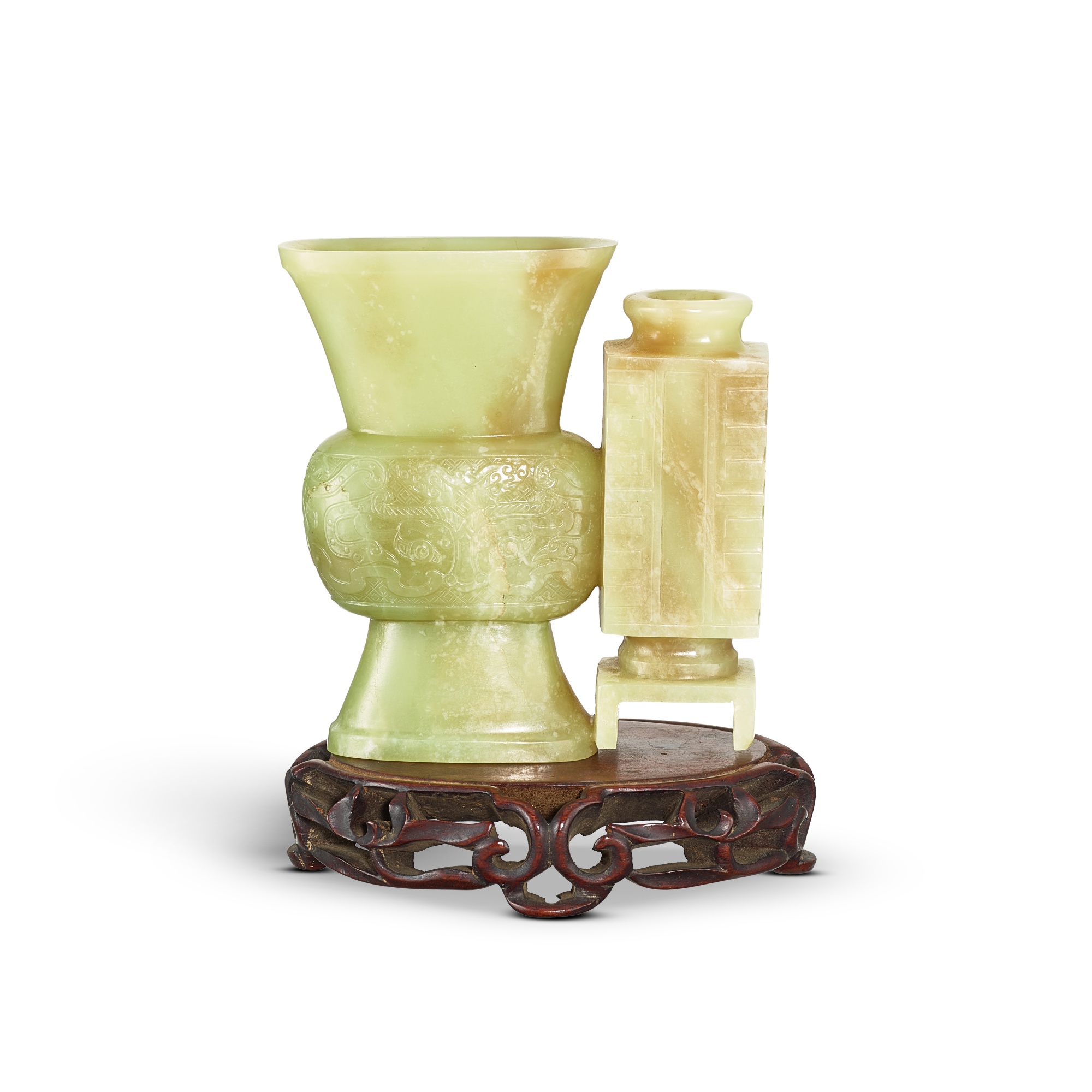 A yellow jade archaistic double vase group, Qing dynasty 清 黃玉雕仿古雙連尊