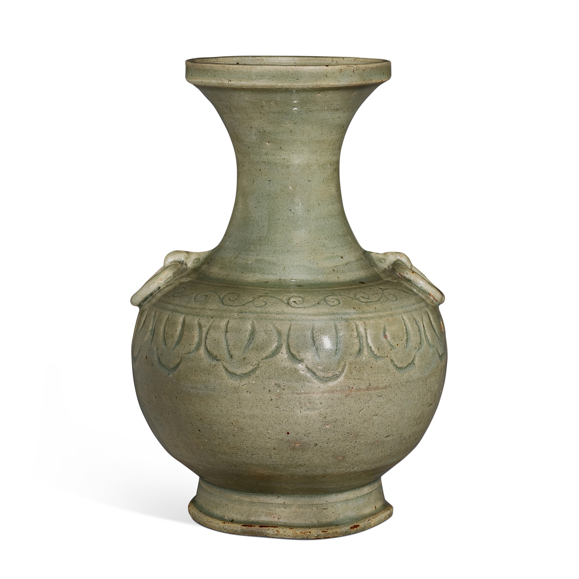 A Korean celadon vase, Goryeo dynasty, 11th century 高麗王朝十一世紀 青釉貼雙環耳花瓣紋盤 ...