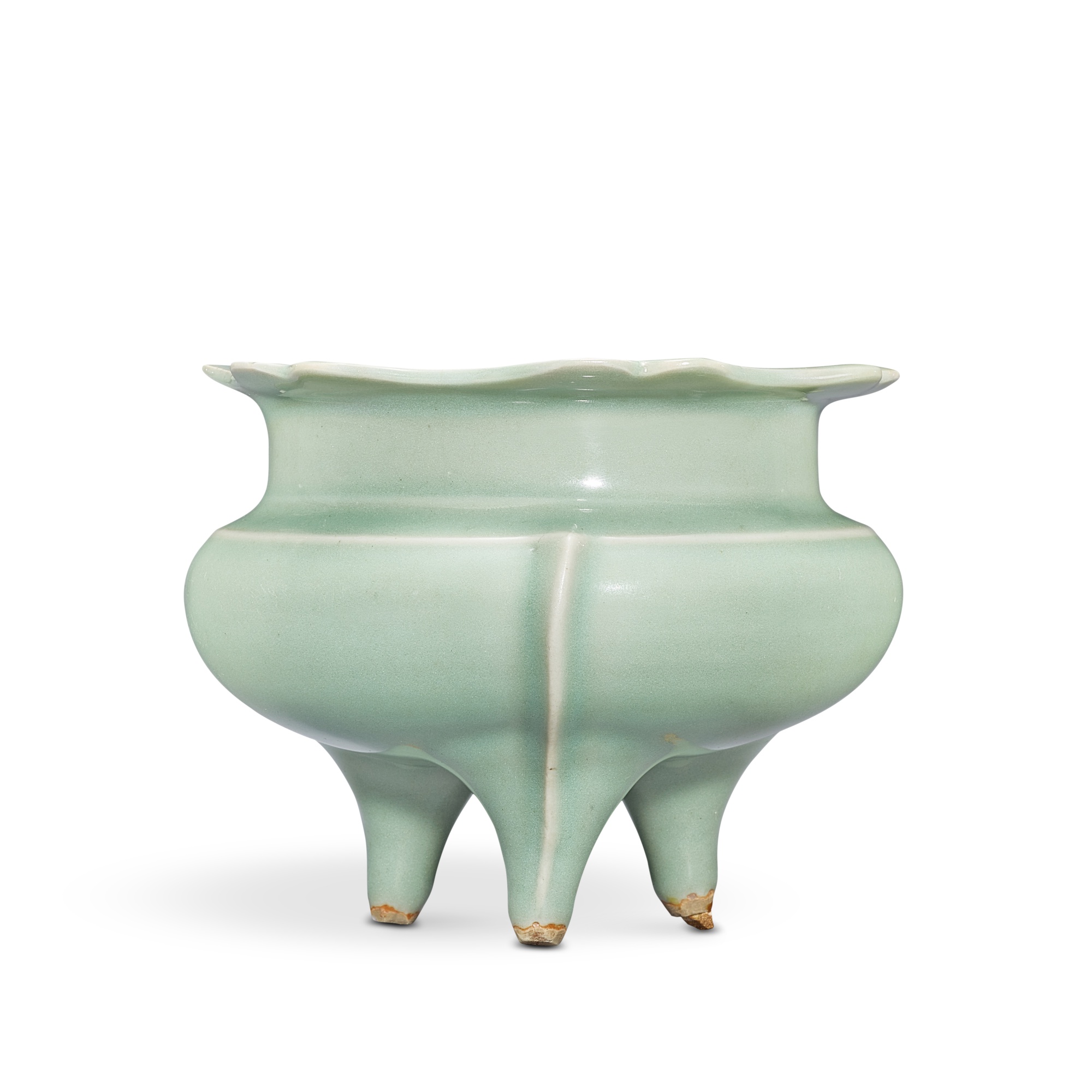 An extremely rare Longquan celadon lobed tripod incense burner